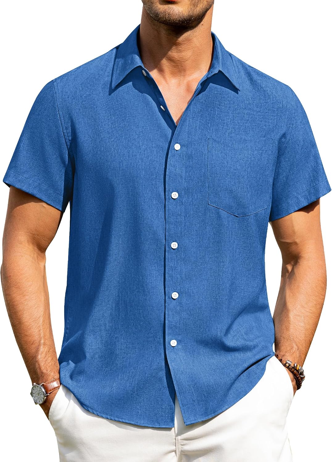 Alimens & Gentle Mens Linen Shirts Short Sleeve Button Down Shirts Wrinkle Free Casual Vacation Beach Summer Tops Royal Blue