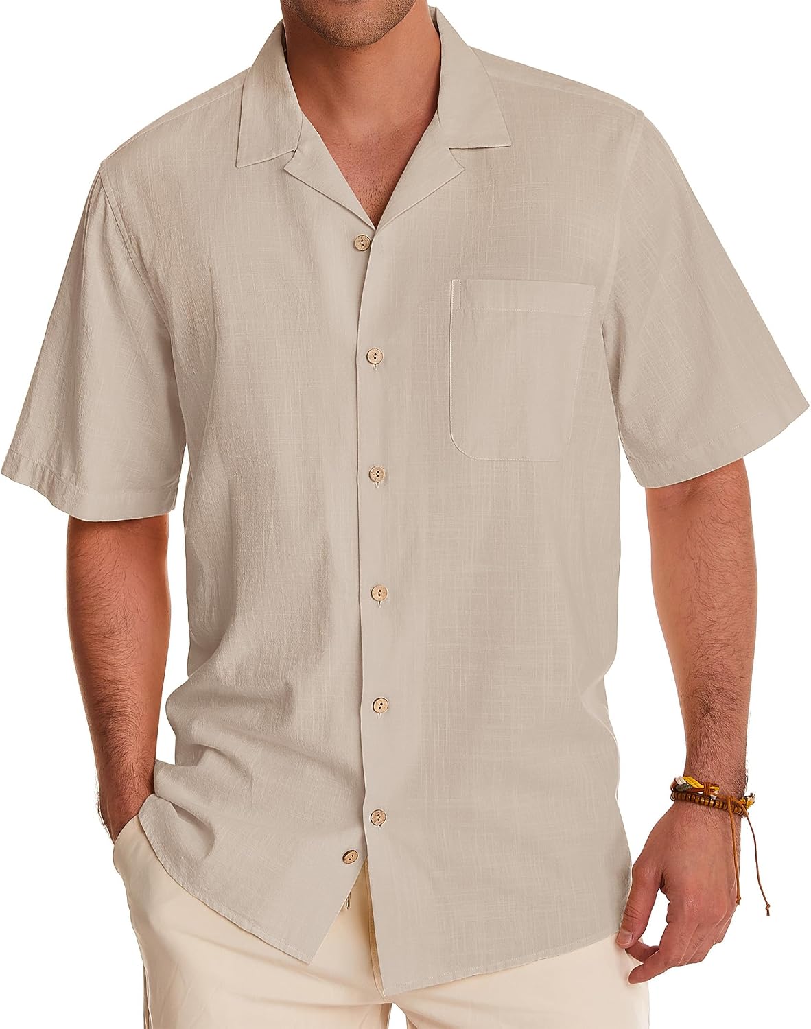 Alimens & Gentle Mens Linen Shirts Cotton Hawaiian Shirts Short Sleeve Button Down Shirts Casual Summer Beach Tops Beige