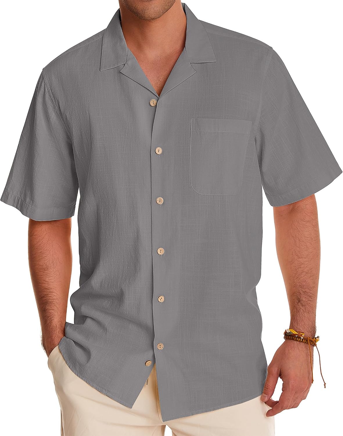 Alimens & Gentle Mens Linen Shirts Cotton Hawaiian Shirts Short Sleeve Button Down Shirts Casual Summer Beach Tops Cool Grey