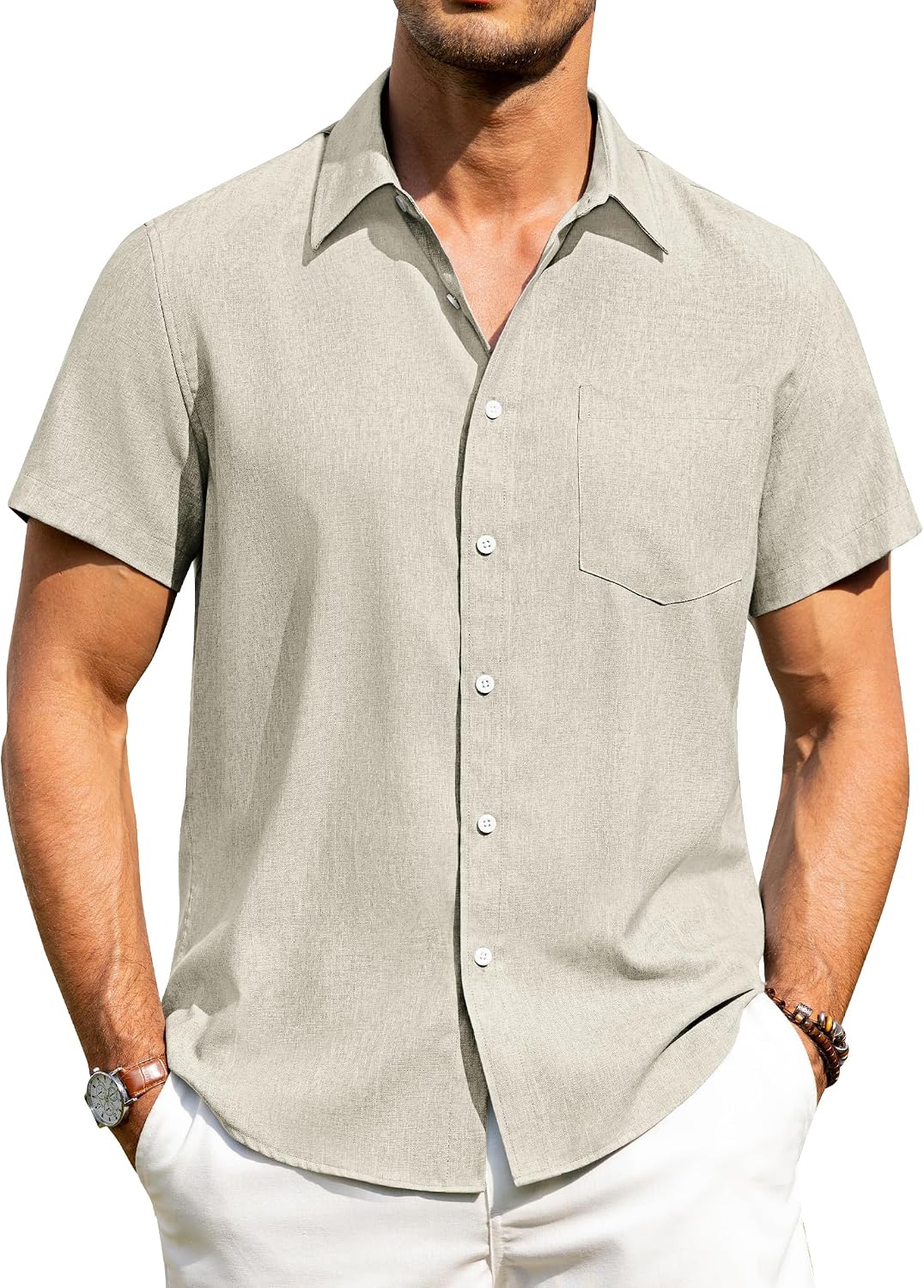 Alimens & Gentle Mens Linen Shirts Short Sleeve Button Down Shirts Wrinkle Free Casual Vacation Beach Summer Tops Tan