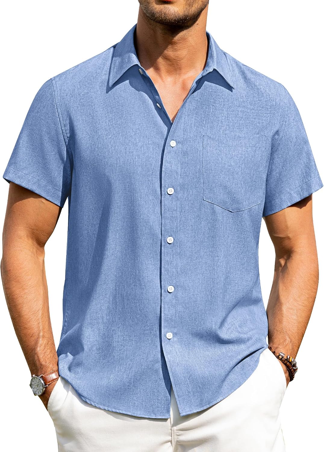 Alimens & Gentle Mens Linen Shirts Short Sleeve Button Down Shirts Wrinkle Free Casual Vacation Beach Summer Tops Ice Blue