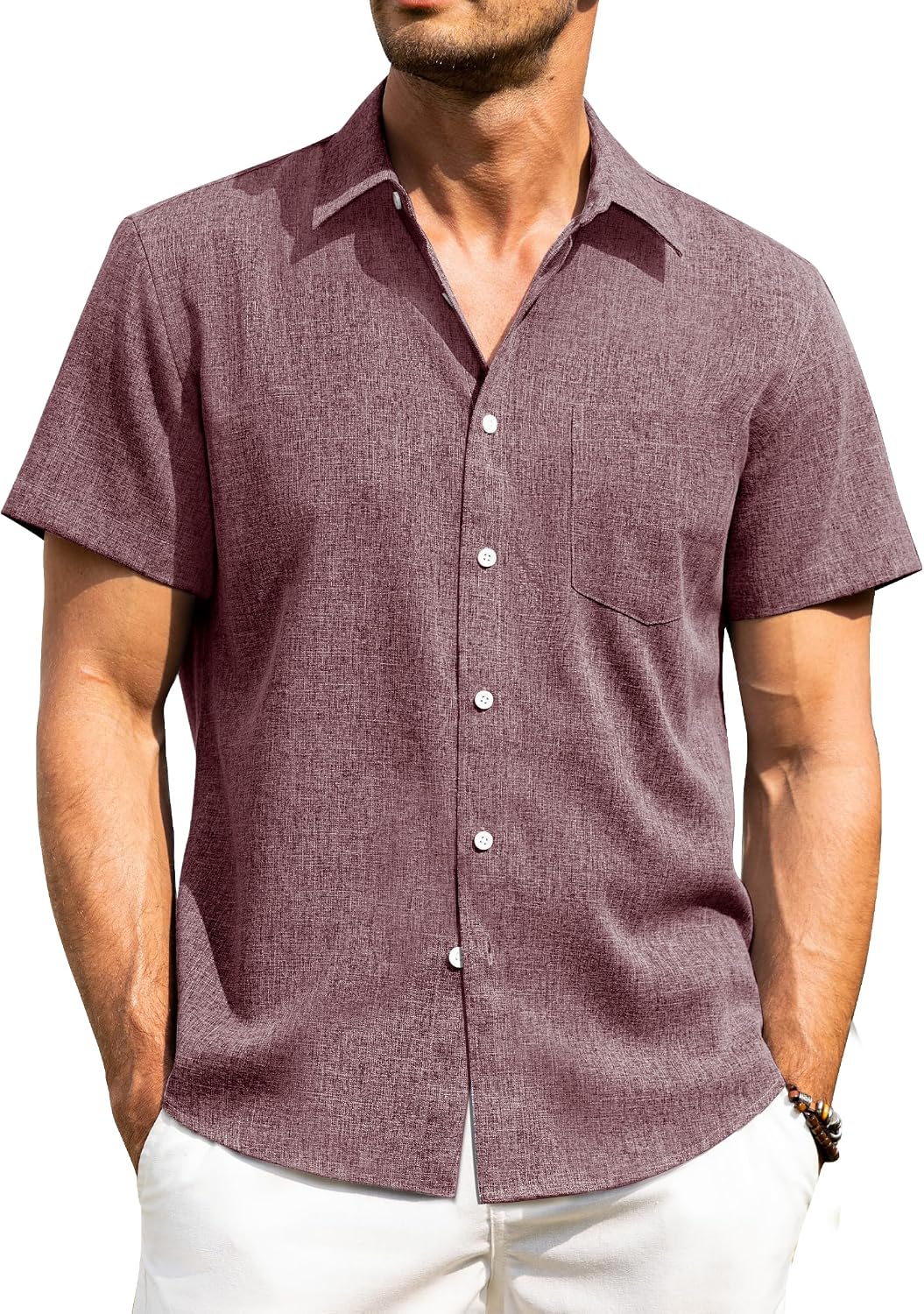 Alimens & Gentle Mens Linen Shirts Short Sleeve Button Down Shirts Wrinkle Free Casual Vacation Beach Summer Tops Wine Red