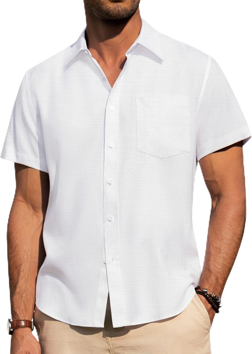 Alimens & Gentle Mens Linen Shirts Short Sleeve Button Down Shirts Wrinkle Free Casual Vacation Beach Summer Tops White Linen