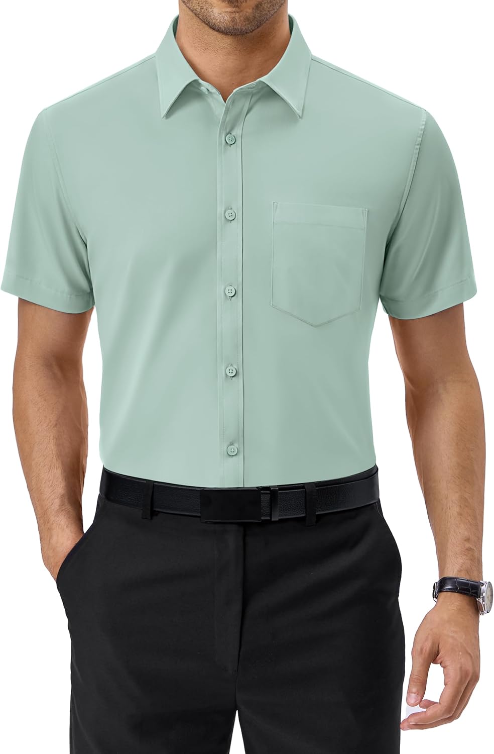 Alimens & Gentle Mens Dress Shirt Short Sleeve Pocket Button Down Shirt Green