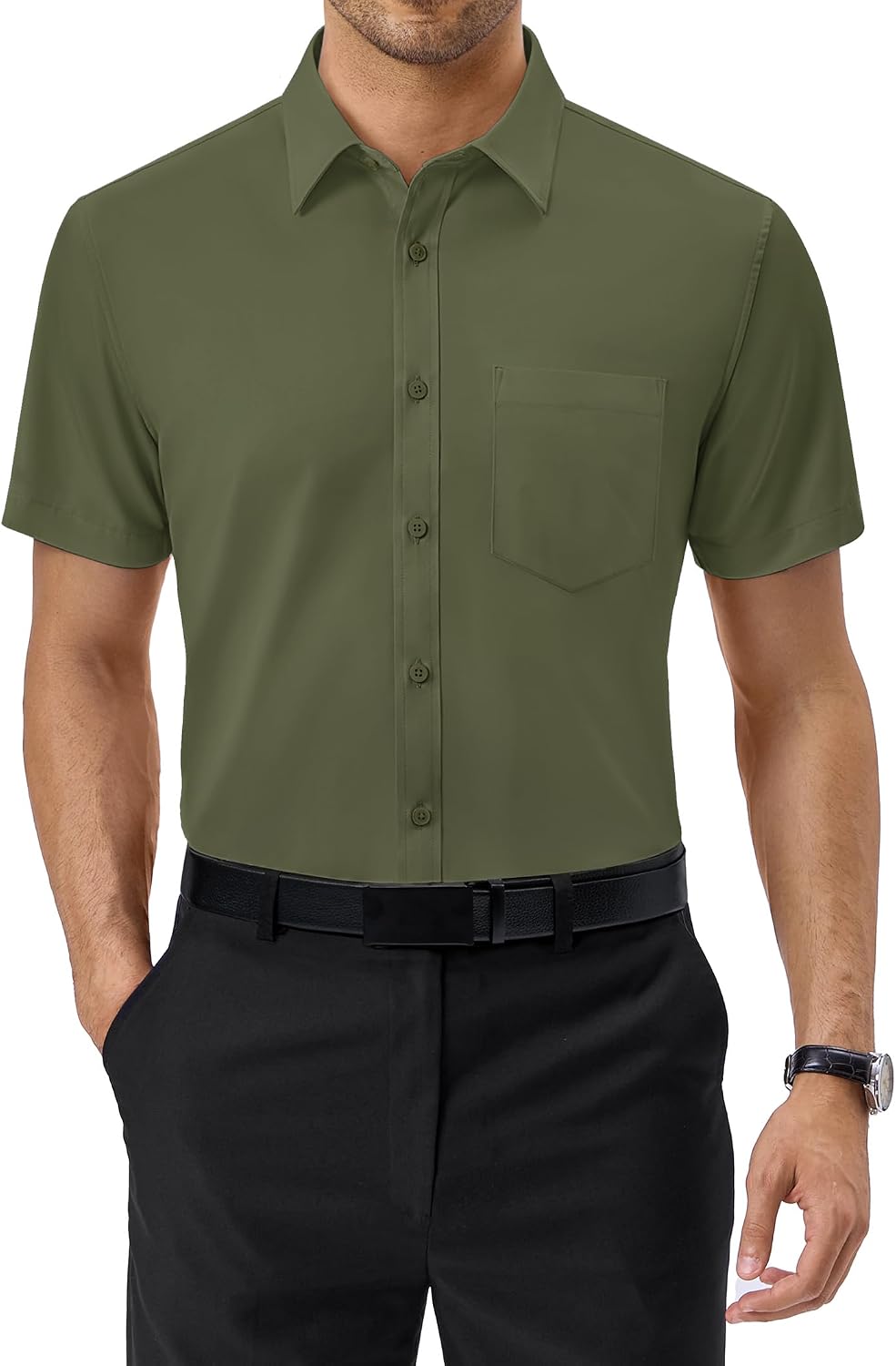 Alimens & Gentle Mens Dress Shirt Short Sleeve Pocket Button Down Shirt Olive