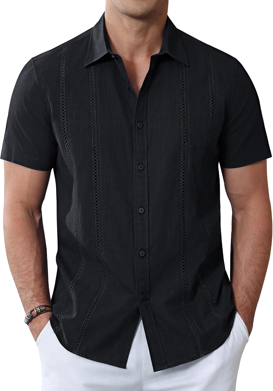 Alimens & Gentle Men's Cuban Guayabera Shirts Cotton Linen Short Sleeve Button Down Shirts Casual Summer Beach Camp Shirt Black