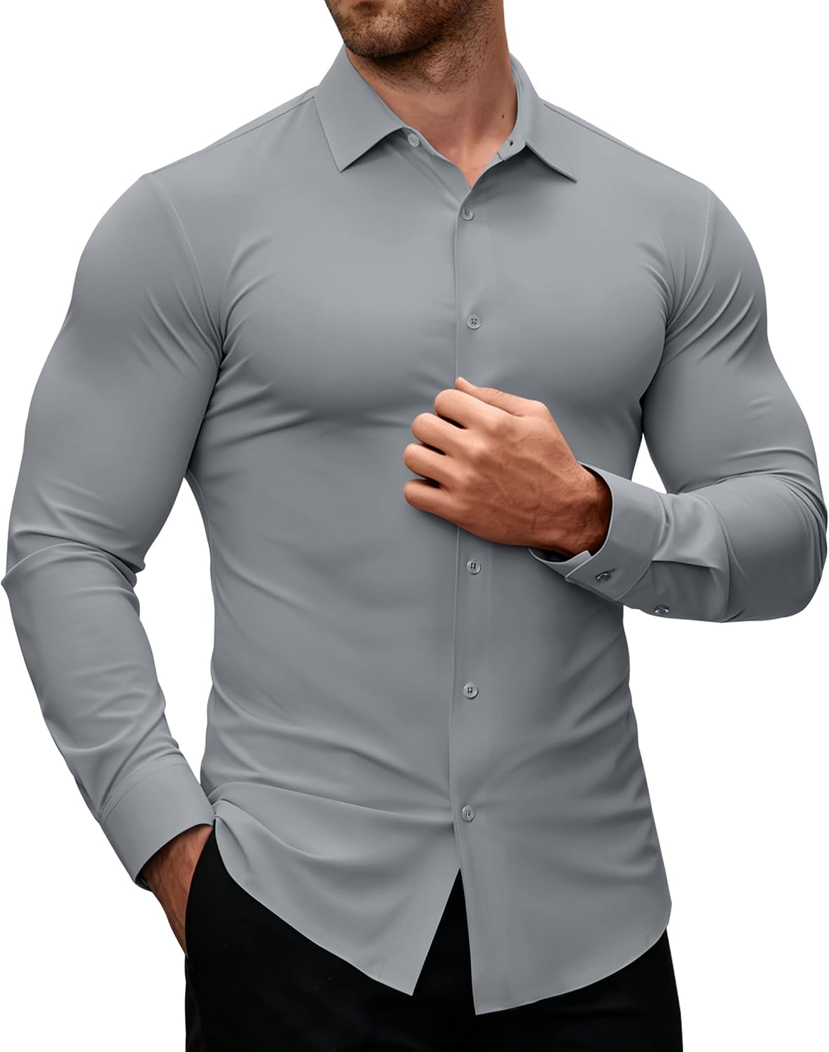 Alimens & Gentle Stretch Mens Dress Shirts Slim Fit Long Sleeve Casual Skinny Muscle Fit Wrinkle Free Button Down Shirt Grey