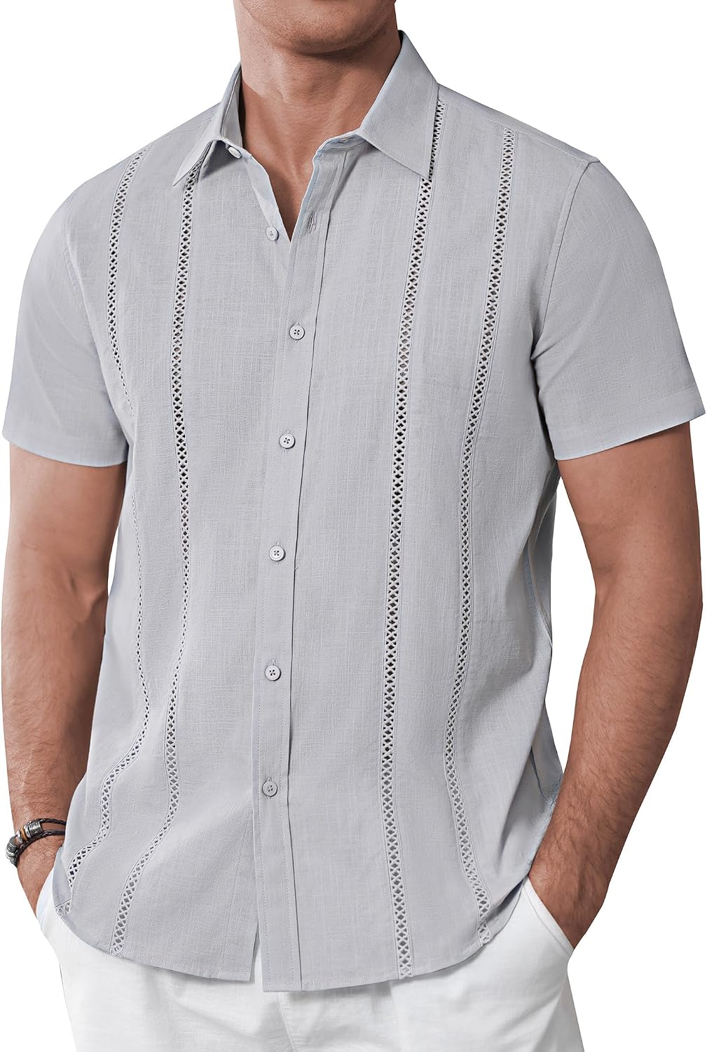 Alimens & Gentle Men's Cuban Guayabera Shirts Cotton Linen Short Sleeve Button Down Shirts Casual Summer Beach Camp Shirt Grey