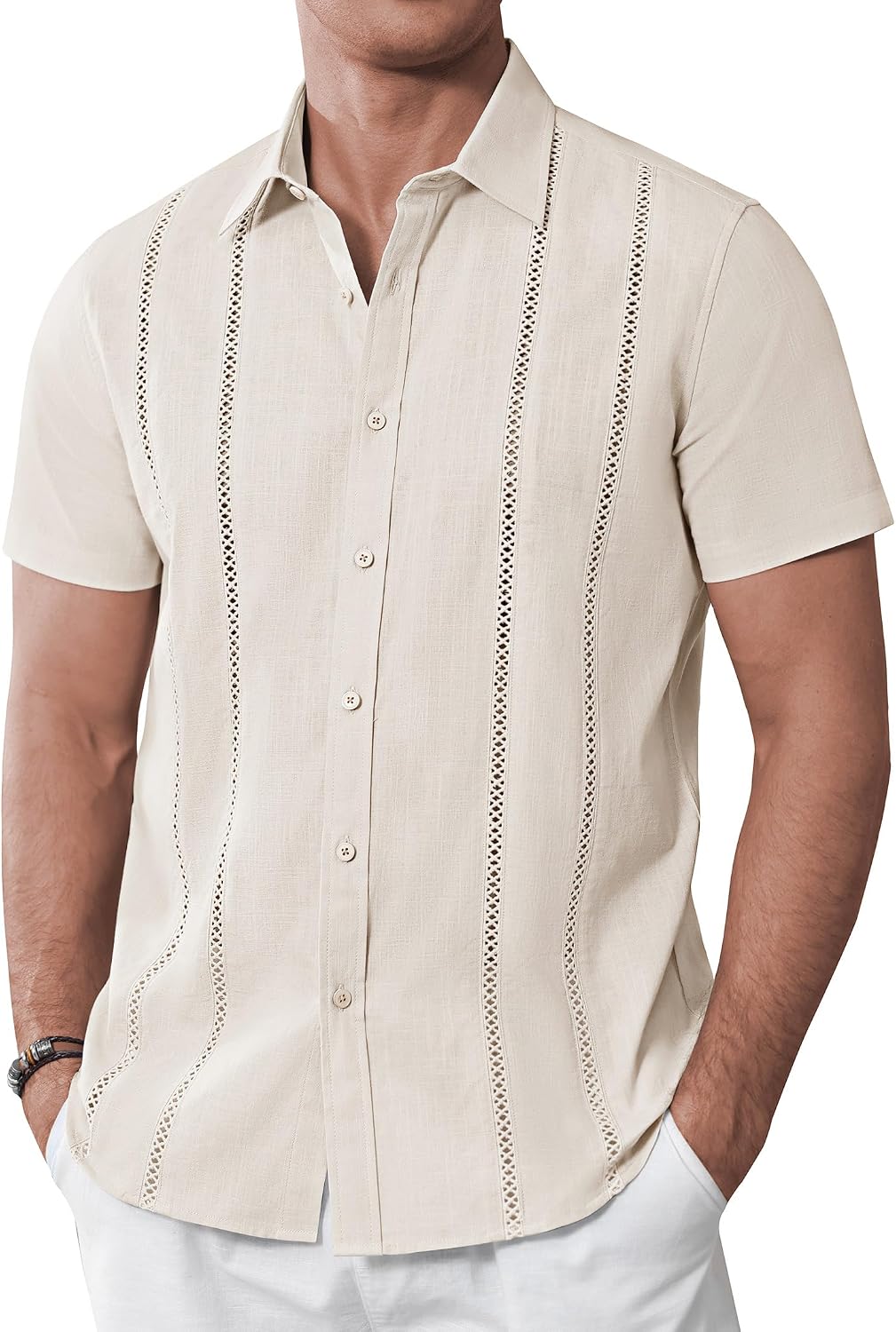 Alimens & Gentle Men's Cuban Guayabera Shirts Cotton Linen Short Sleeve Button Down Shirts Casual Summer Beach Camp Shirt Creamy White