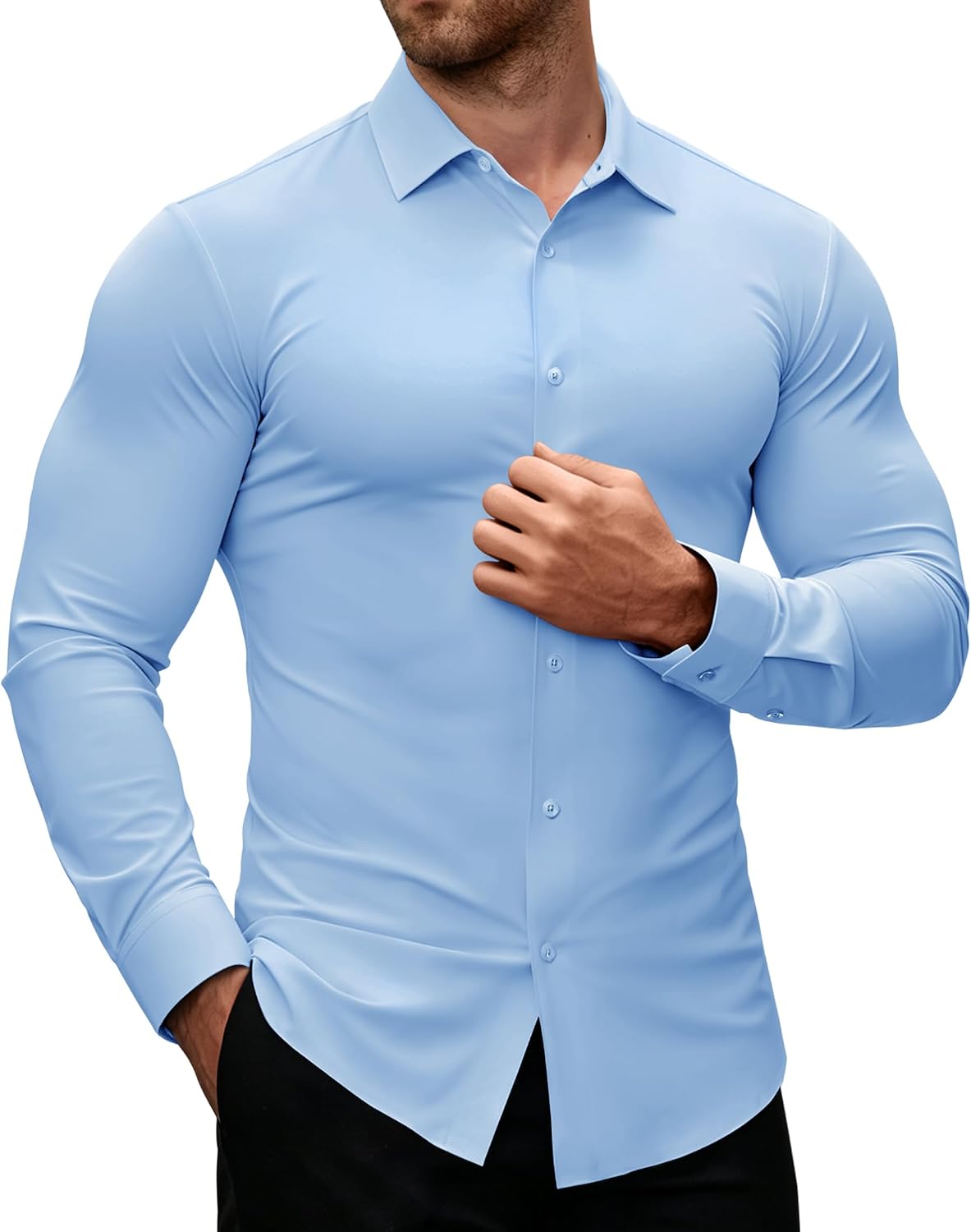Alimens & Gentle Stretch Mens Dress Shirts Slim Fit Long Sleeve Casual Skinny Muscle Fit Wrinkle Free Button Down Shirt Sky Blue