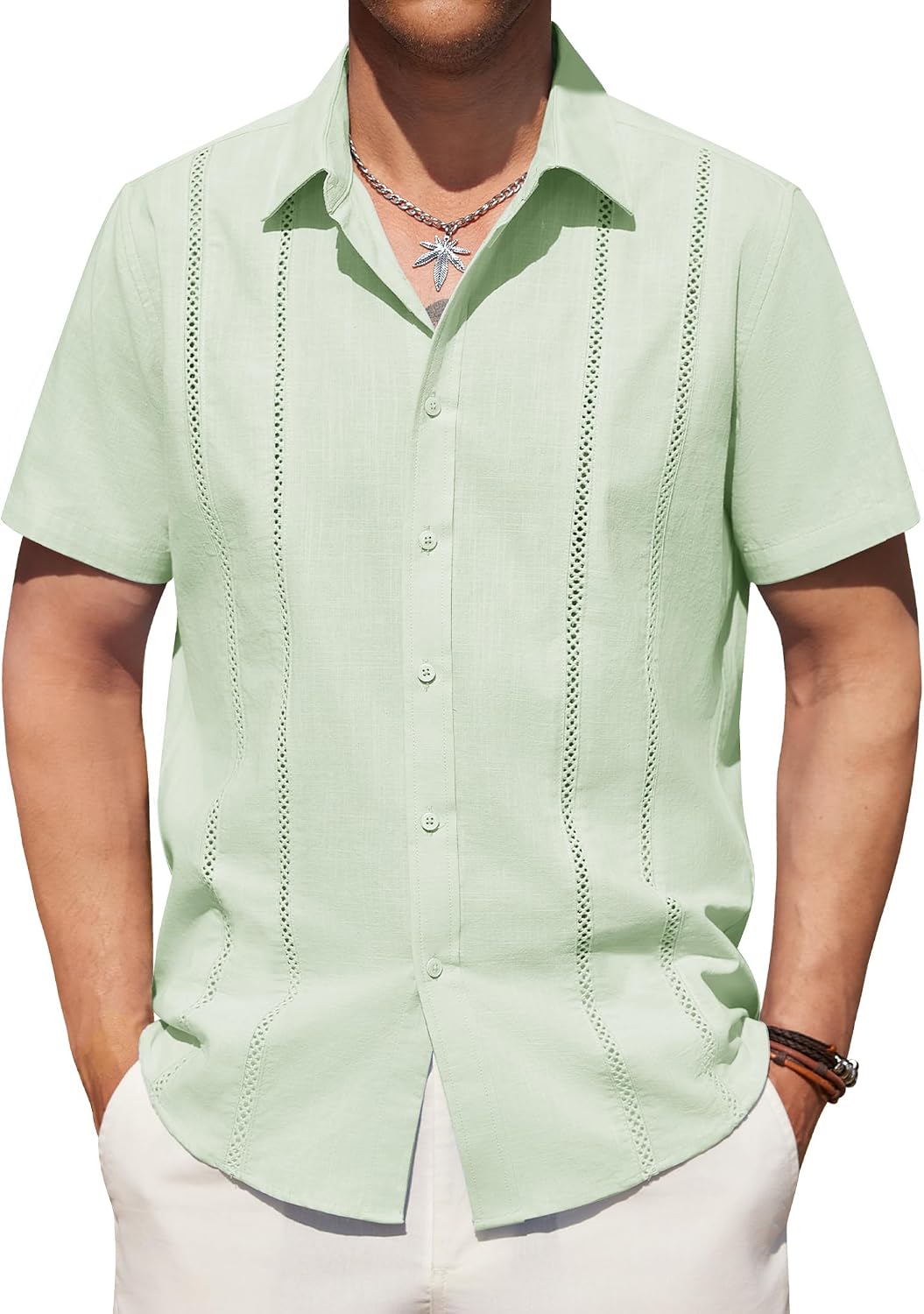 Alimens & Gentle Men's Cuban Guayabera Shirts Cotton Linen Short Sleeve Button Down Shirts Casual Summer Beach Camp Shirt Mint Green