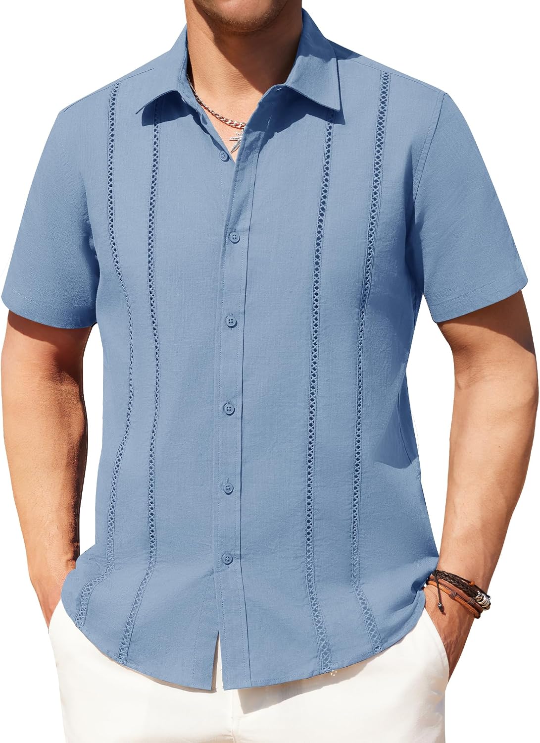 Alimens & Gentle Men's Cuban Guayabera Shirts Cotton Linen Short Sleeve Button Down Shirts Casual Summer Beach Camp Shirt Grayish Blue