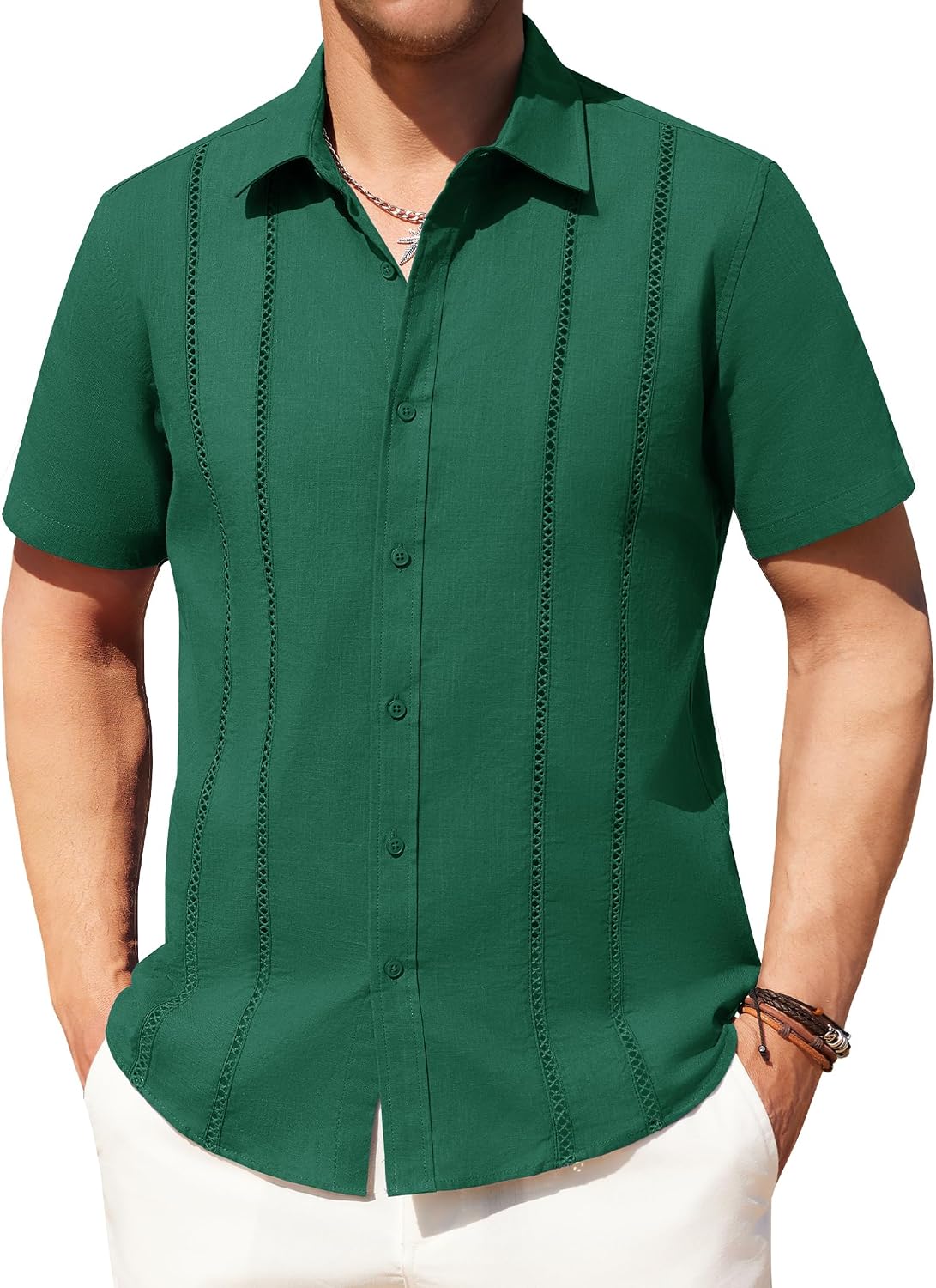 Alimens & Gentle Men's Cuban Guayabera Shirts Cotton Linen Short Sleeve Button Down Shirts Casual Summer Beach Camp Shirt Teal Green