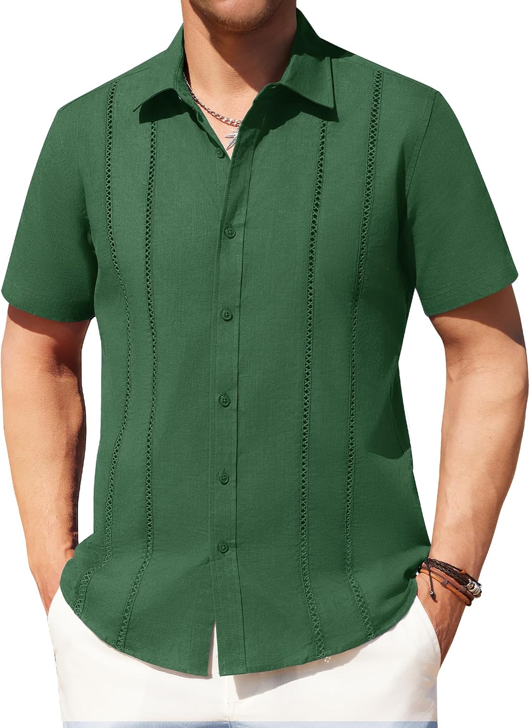 Alimens & Gentle Men's Cuban Guayabera Shirts Cotton Linen Short Sleeve Button Down Shirts Casual Summer Beach Camp Shirt Dark Green