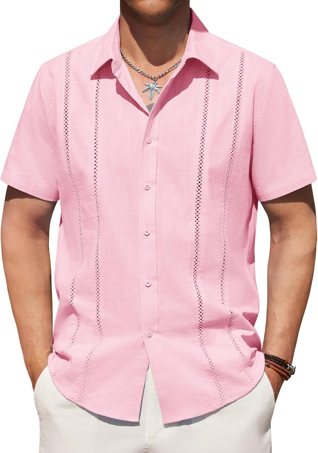 Alimens & Gentle Men's Cuban Guayabera Shirts Cotton Linen Short Sleeve Button Down Shirts Casual Summer Beach Camp Shirt Pale Pink