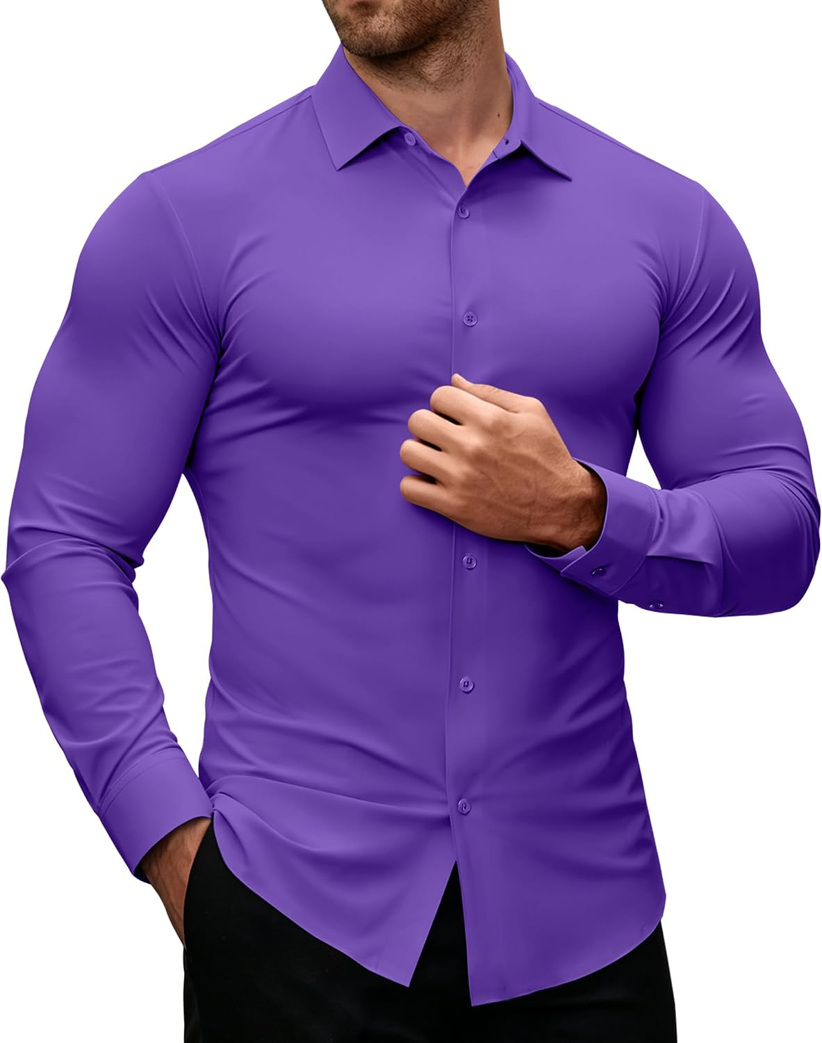 Alimens & Gentle Stretch Mens Dress Shirts Slim Fit Long Sleeve Casual Skinny Muscle Fit Wrinkle Free Button Down Shirt Purple