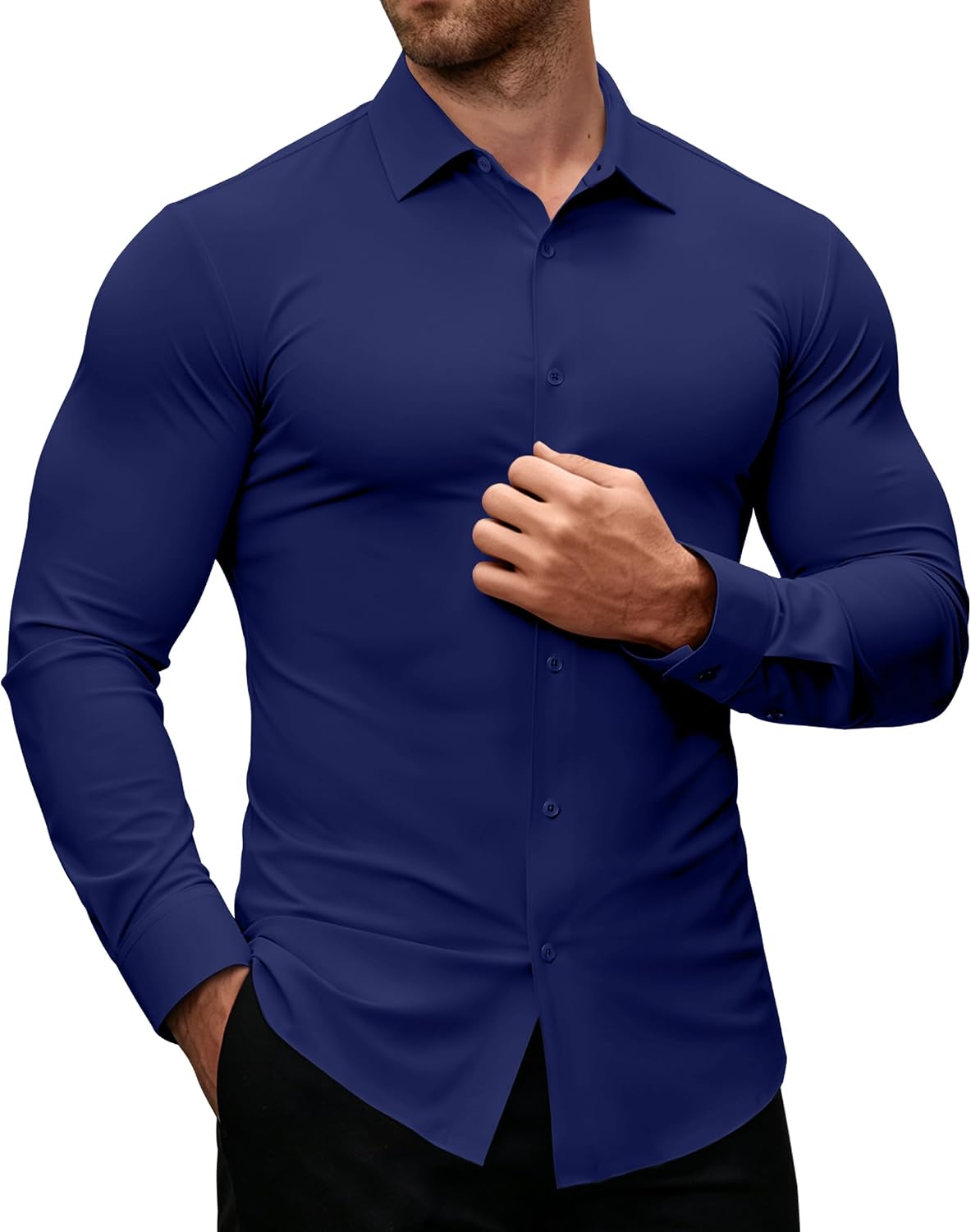 Alimens & Gentle Stretch Mens Dress Shirts Slim Fit Long Sleeve Casual Skinny Muscle Fit Wrinkle Free Button Down Shirt Navy Blue