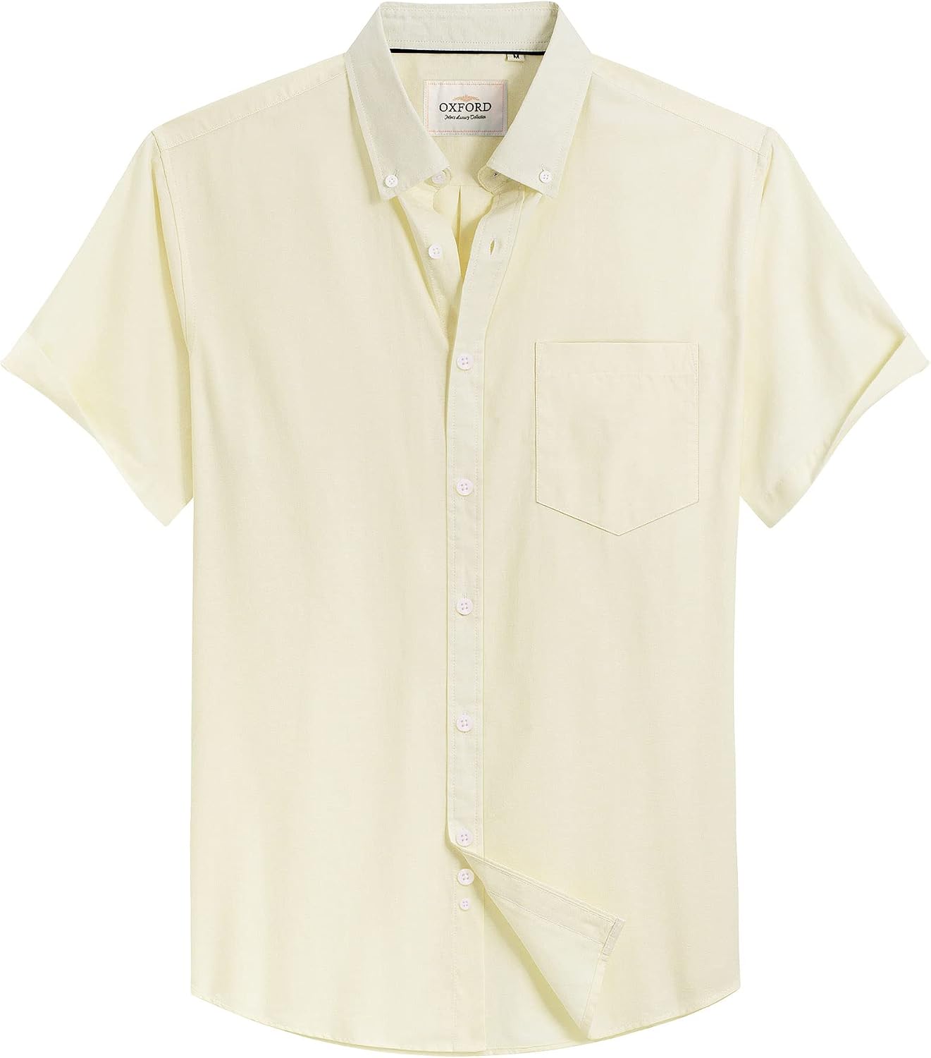 Mens Oxford Dress Shirt Short Sleeve Button Down Collar Summer Casual Shirt Light Yellow