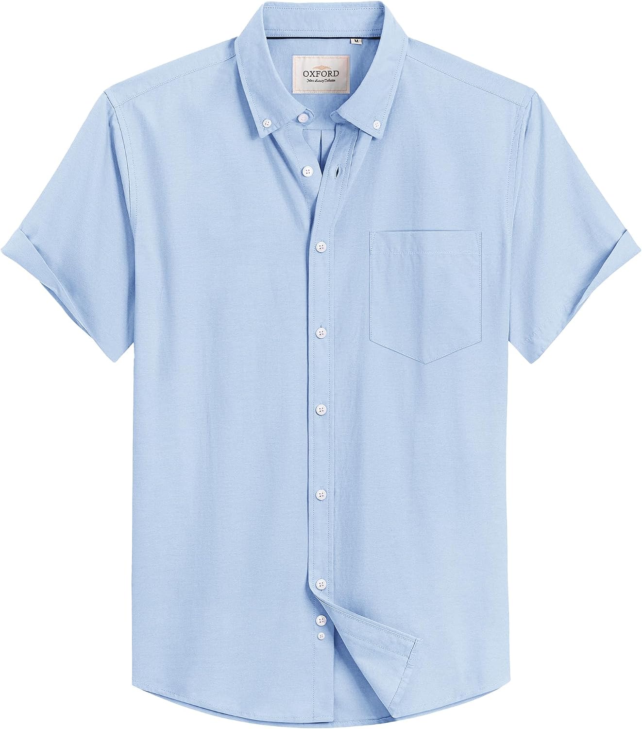 Mens Oxford Dress Shirt Short Sleeve Button Down Collar Summer Casual Shirt Pale Blue