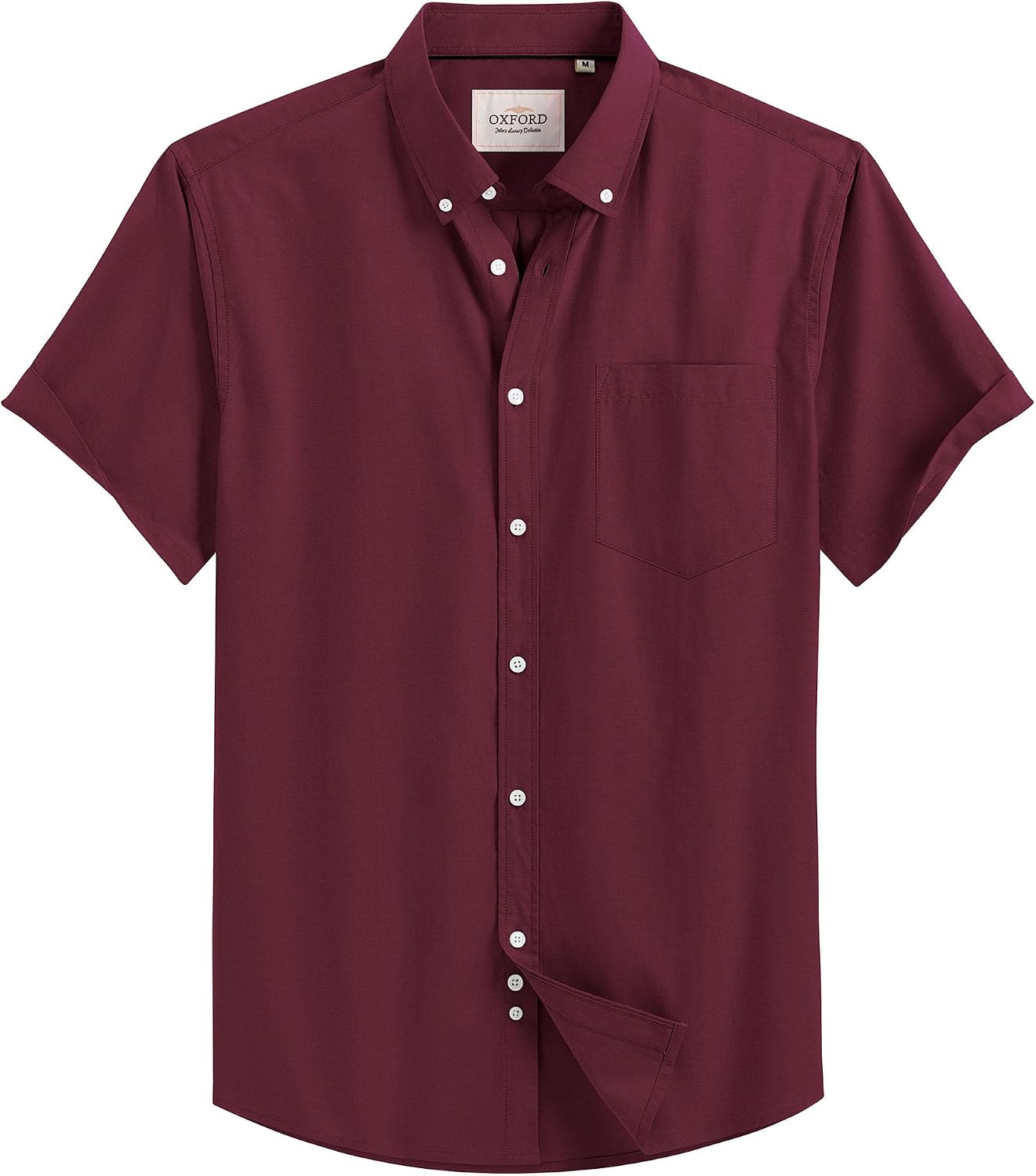 Mens Oxford Dress Shirt Short Sleeve Button Down Collar Summer Casual Shirt Burgundy