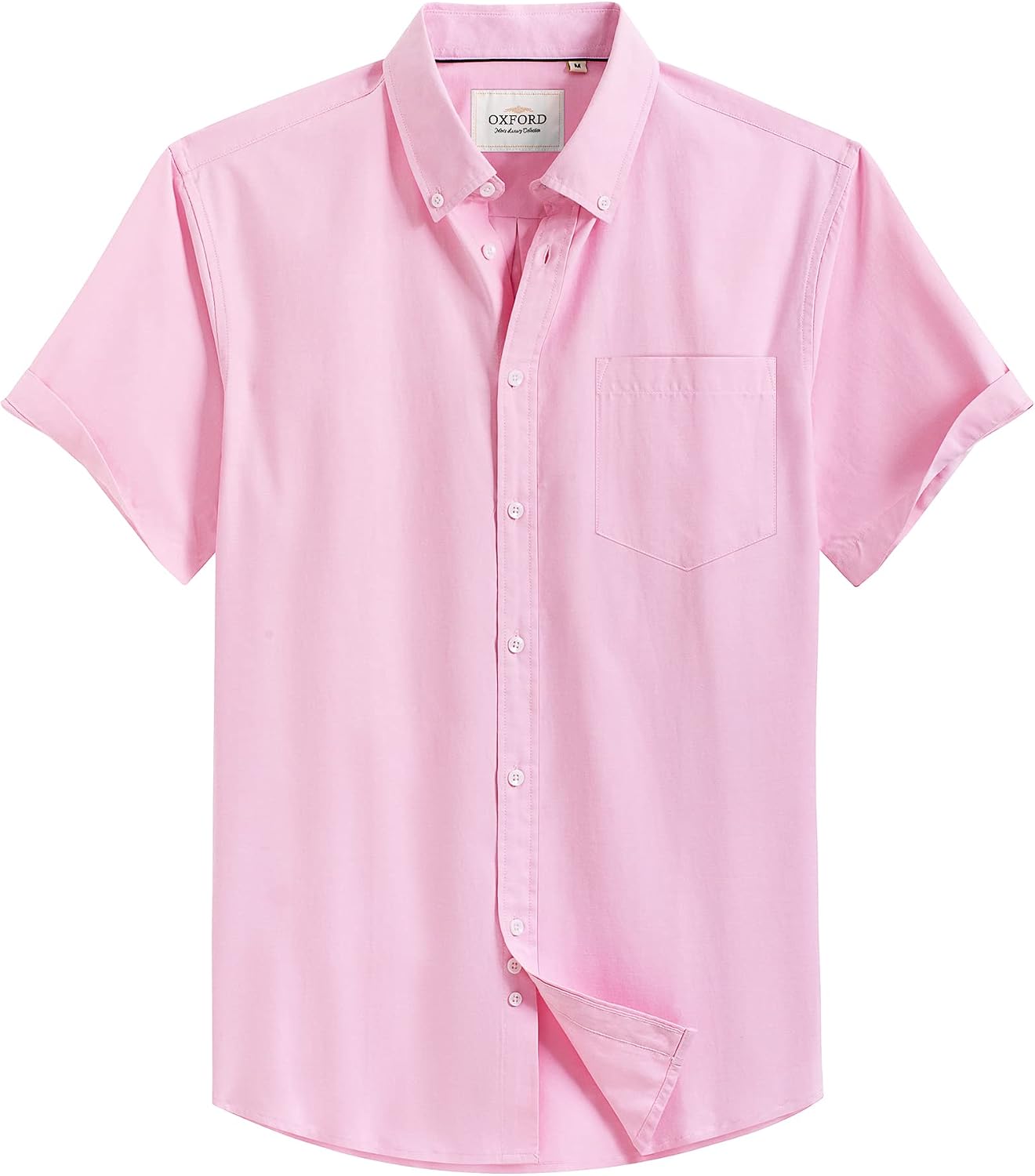 Mens Oxford Dress Shirt Short Sleeve Button Down Collar Summer Casual Shirt Pink