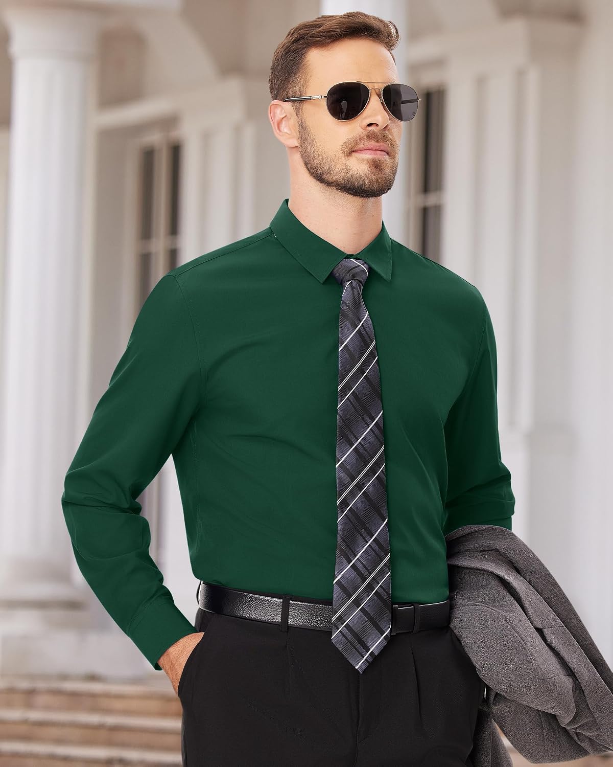 Men's Dress Shirts Long Sleeve Wrinkle Free Business Button Down Shirt Green