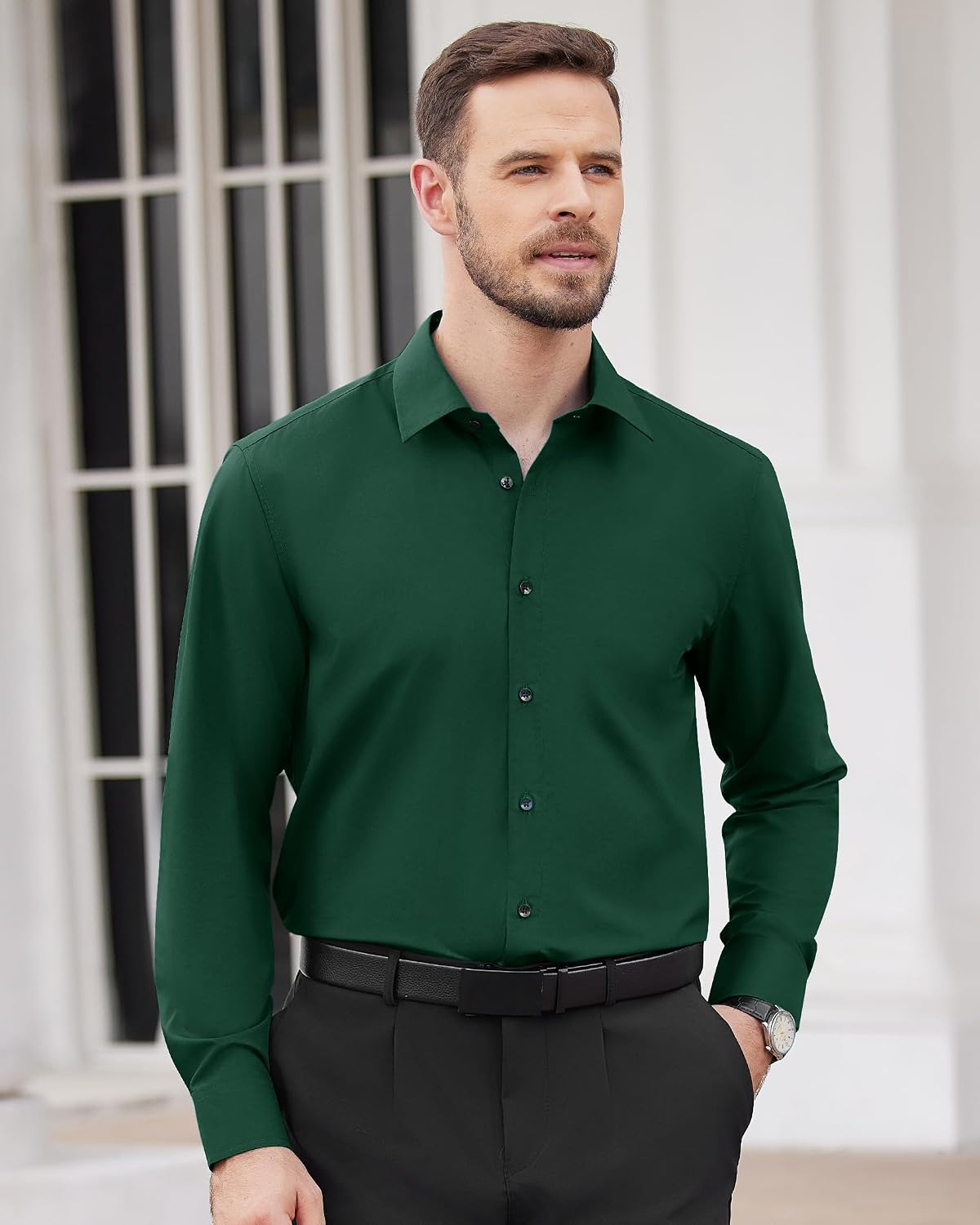 Men's Dress Shirts Long Sleeve Wrinkle Free Business Button Down Shirt Green