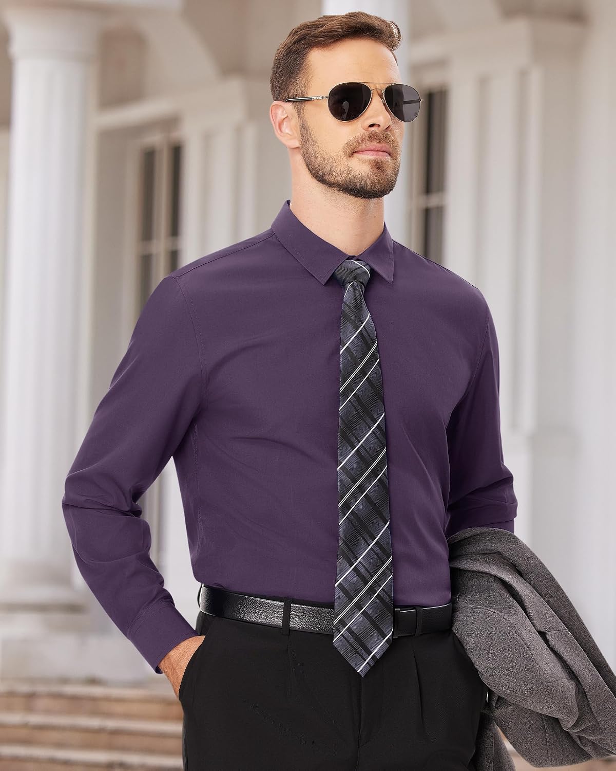 Men's Dress Shirts Long Sleeve Wrinkle Free Business Button Down Shirt Purple
