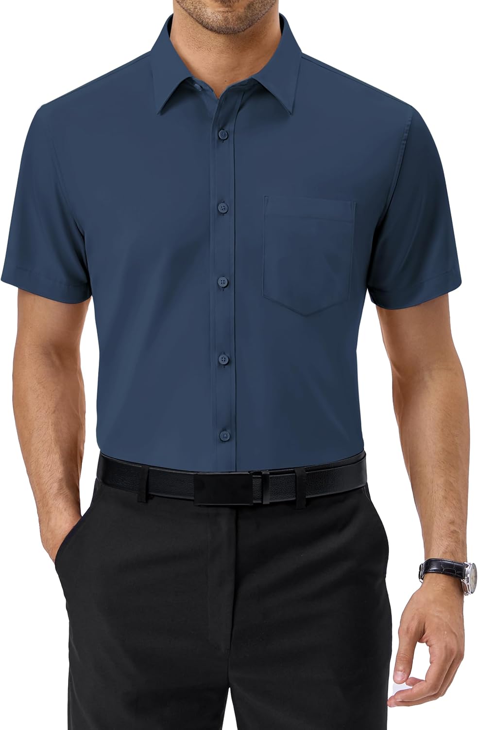 Alimens & Gentle Mens Dress Shirt Short Sleeve Pocket Button Down Shirt Denim Blue