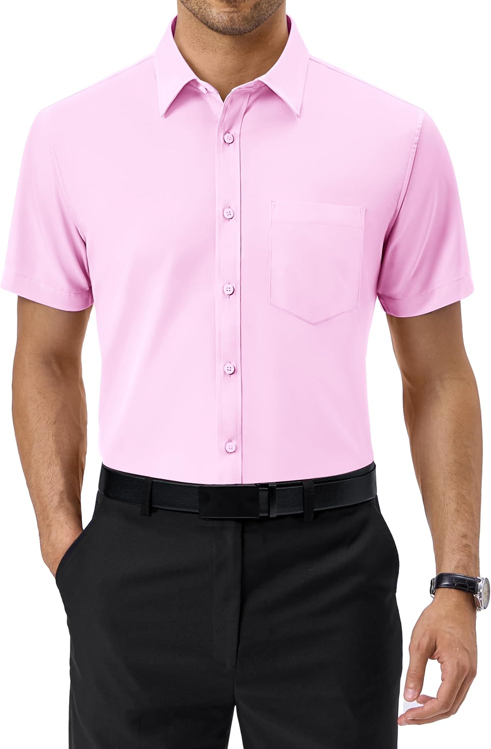 Alimens & Gentle Mens Dress Shirt Short Sleeve Pocket Button Down Shirt Pink