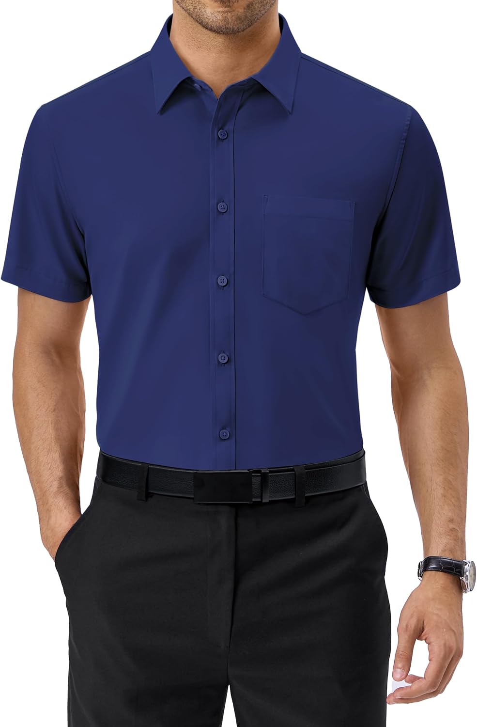 Alimens & Gentle Mens Dress Shirt Short Sleeve Pocket Button Down Shirt Navy Blue
