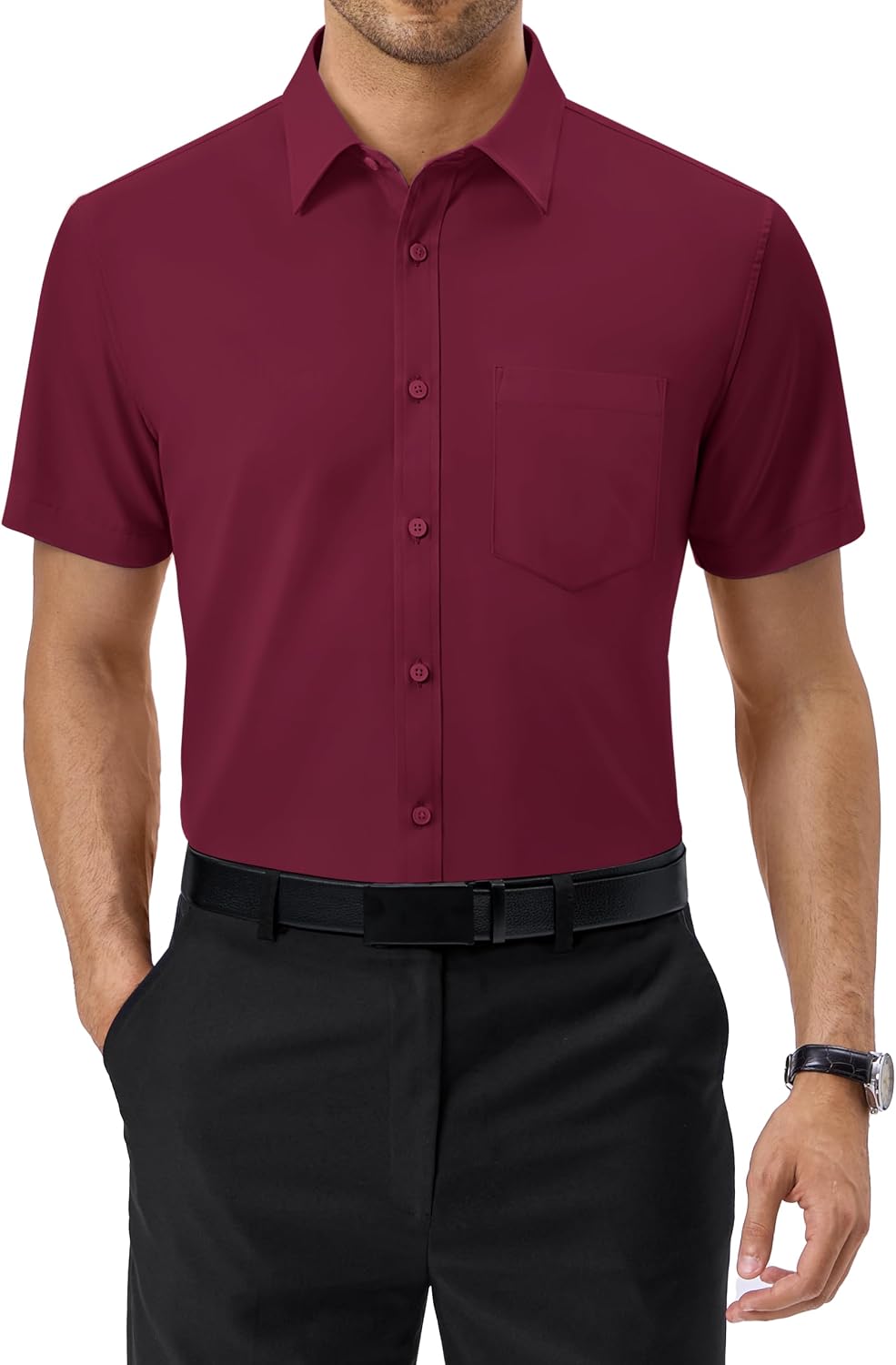 Alimens & Gentle Mens Dress Shirt Short Sleeve Pocket Button Down Shirt Burgundy