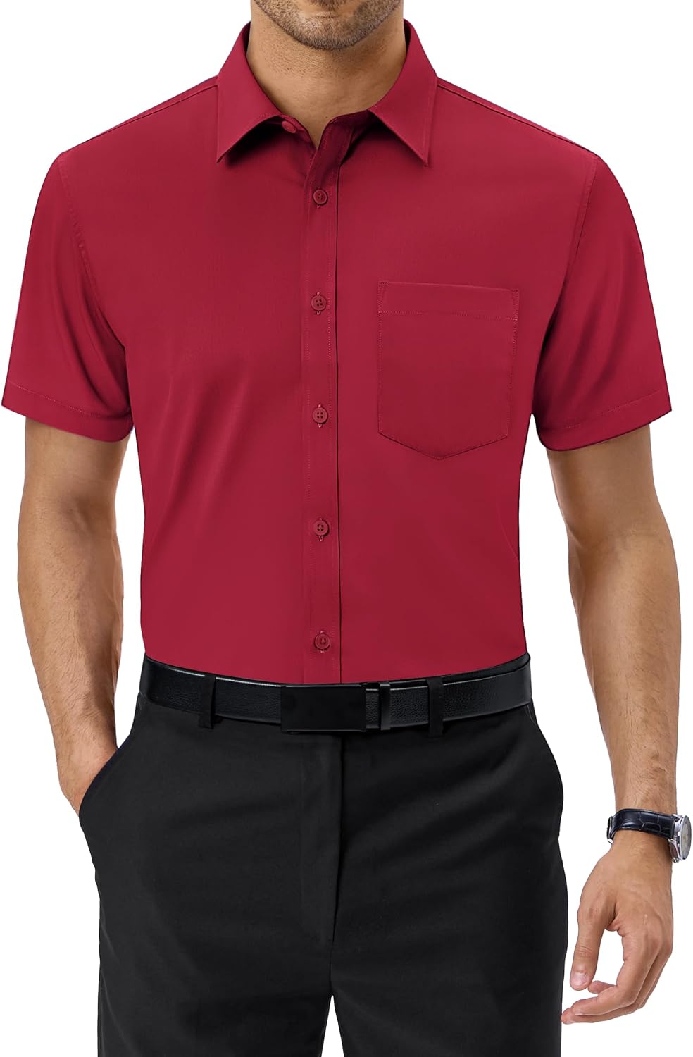 Alimens & Gentle Mens Dress Shirt Short Sleeve Pocket Button Down Shirt Red