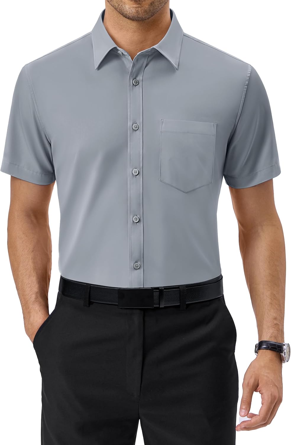 Alimens & Gentle Mens Dress Shirt Short Sleeve Pocket Button Down Shirt Cool Grey