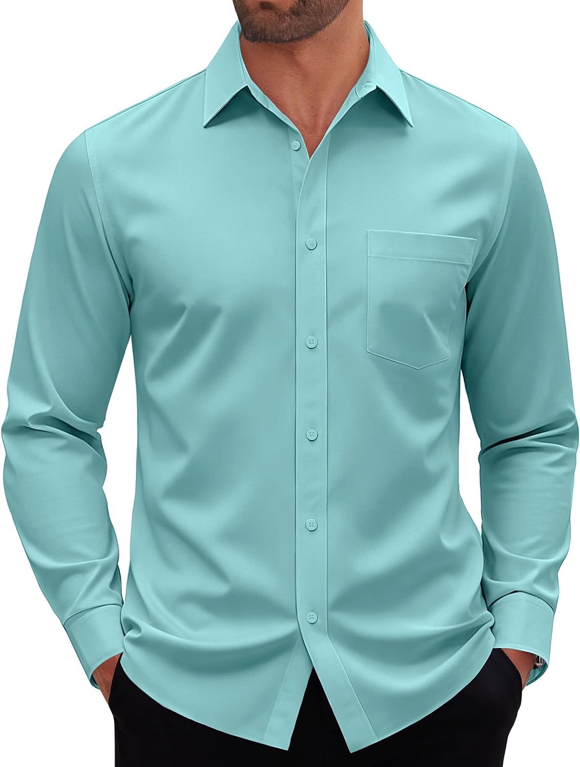 Mens Dress Shirt Long Sleeve Wrinkle Free Stretch Button Down Shirt Grey Green
