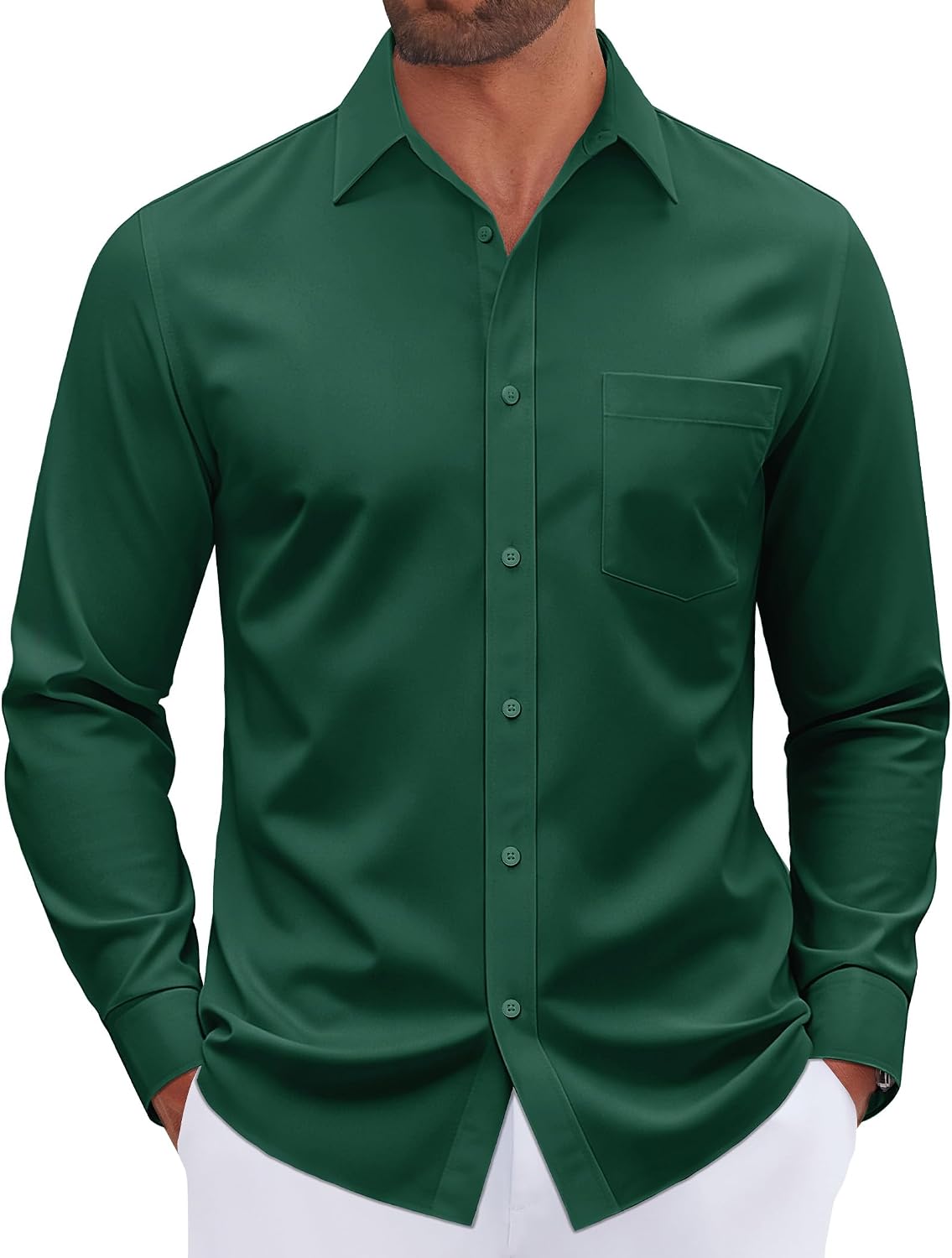 Mens Dress Shirt Long Sleeve Wrinkle Free Stretch Button Down Shirt Green