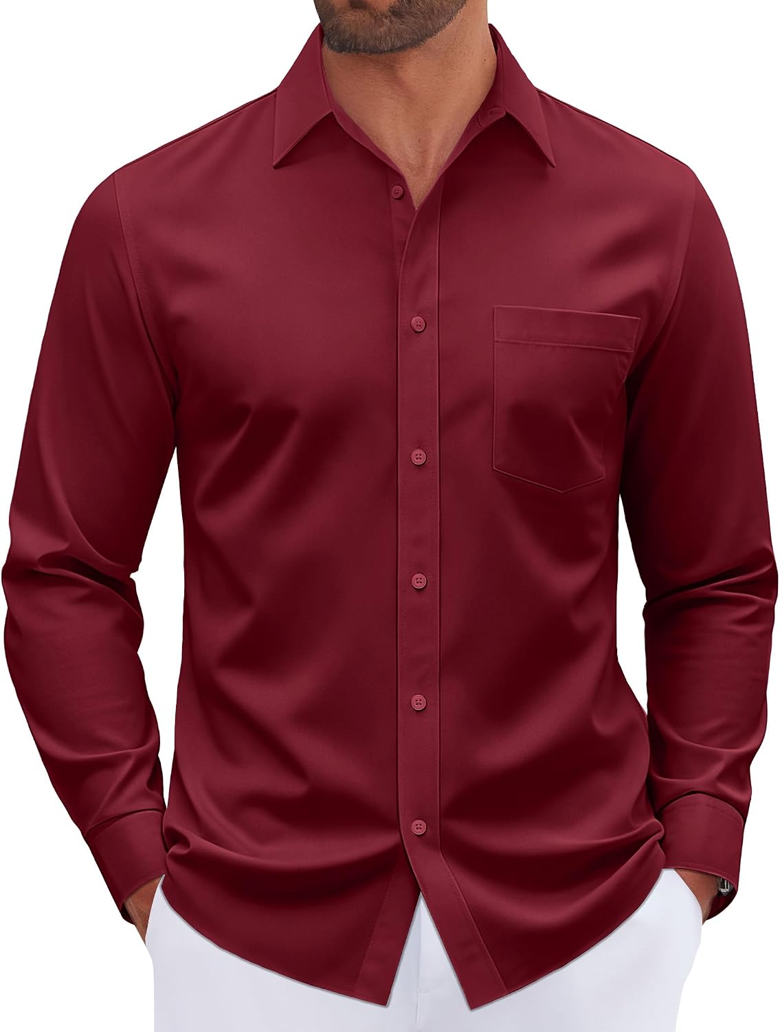 Mens Dress Shirt Long Sleeve Wrinkle Free Stretch Button Down Shirt Burgundy