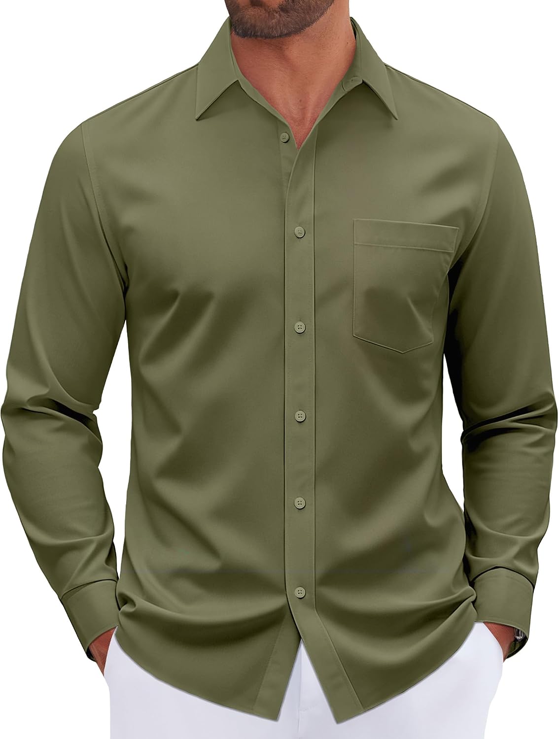Mens Dress Shirt Long Sleeve Wrinkle Free Stretch Button Down Shirt Olive Green