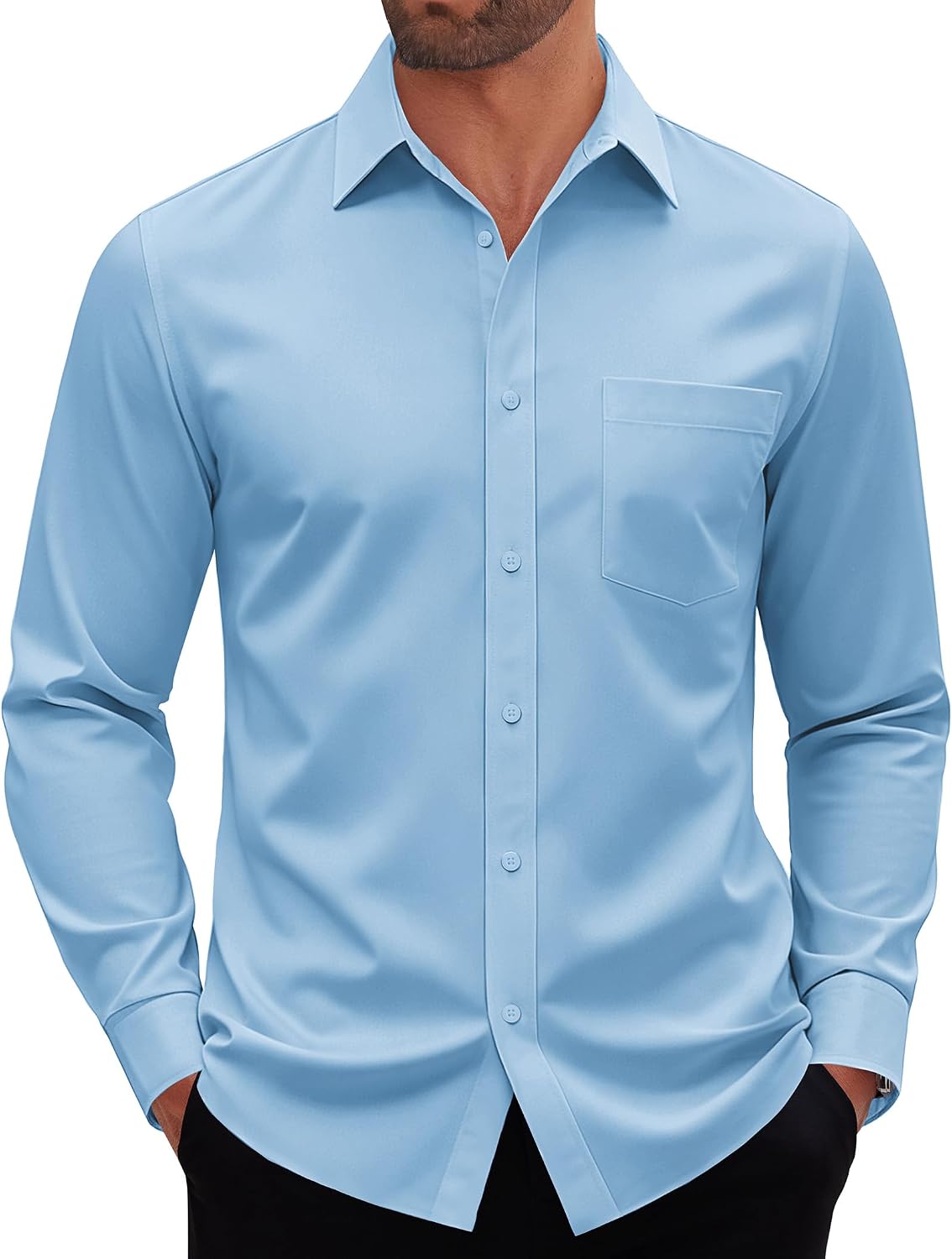 Mens Dress Shirt Long Sleeve Wrinkle Free Stretch Button Down Shirt Blue