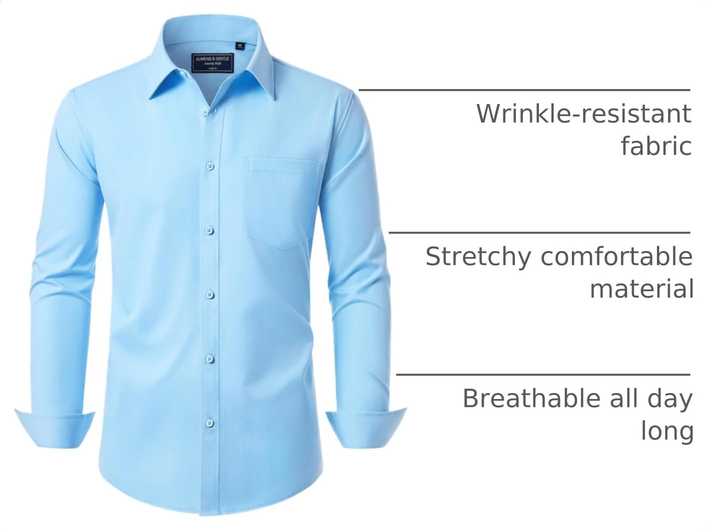 Mens Dress Shirt Long Sleeve Wrinkle Free Stretch Button Down Shirt Blue