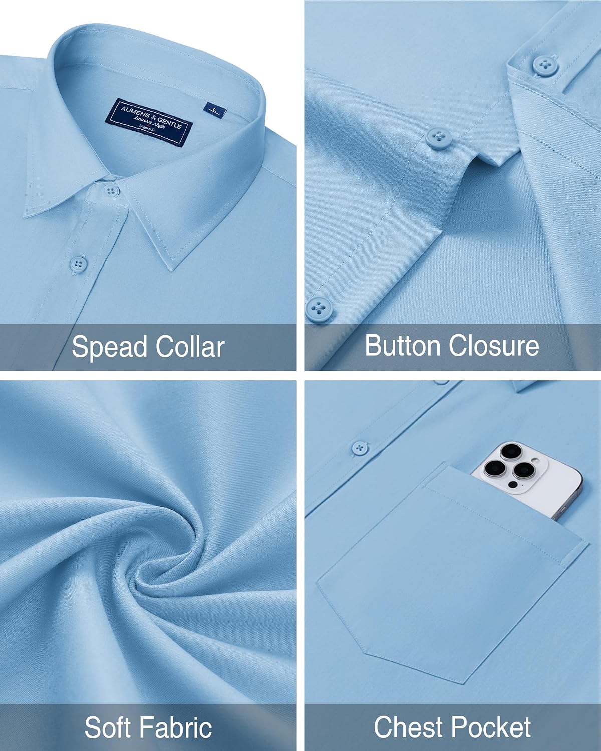 Mens Dress Shirt Long Sleeve Wrinkle Free Stretch Button Down Shirt Blue