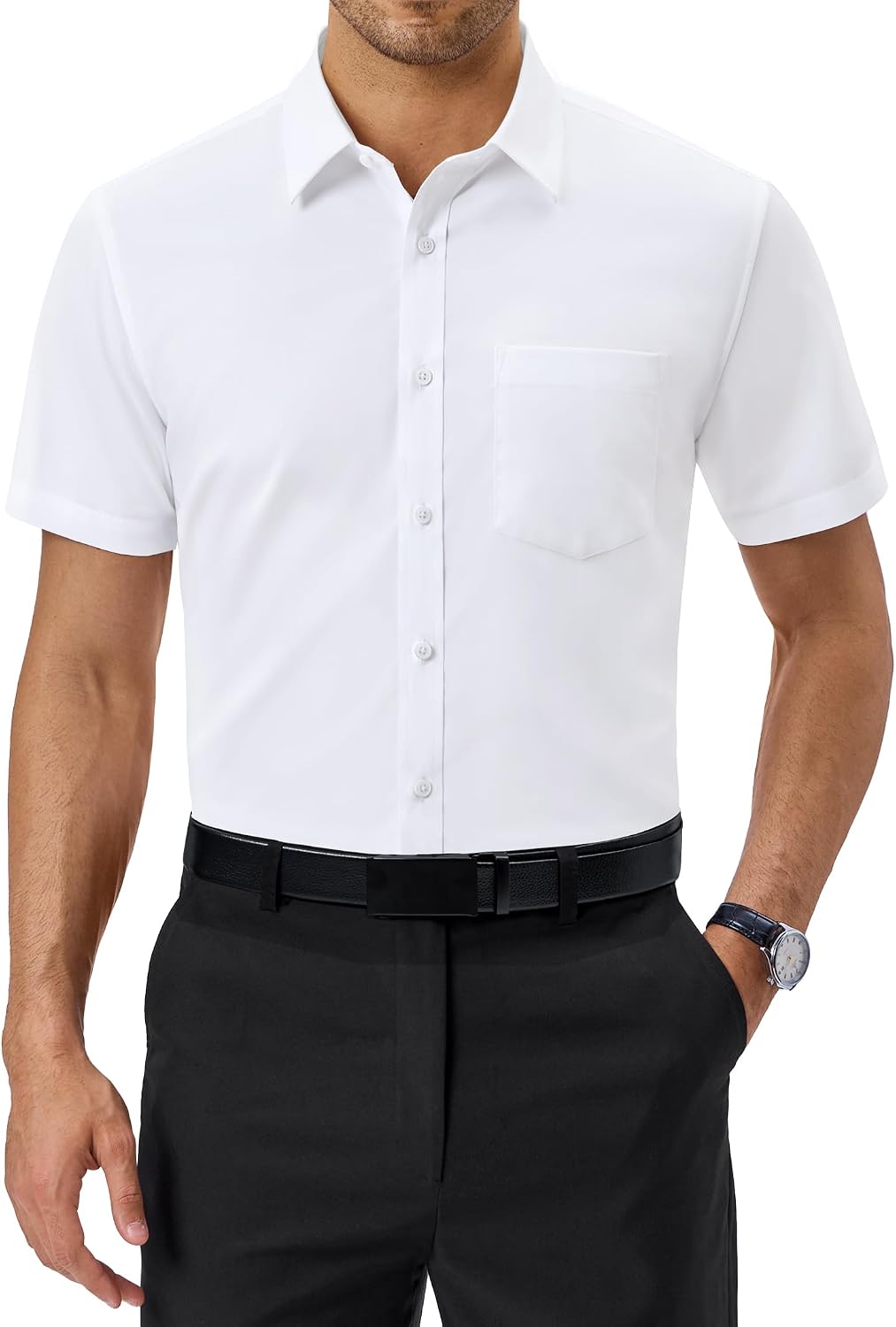 Alimens & Gentle Mens Dress Shirt Short Sleeve Pocket Button Down Shirt White