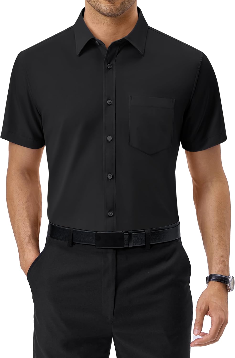 Alimens & Gentle Mens Dress Shirt Short Sleeve Pocket Button Down Shirt Black