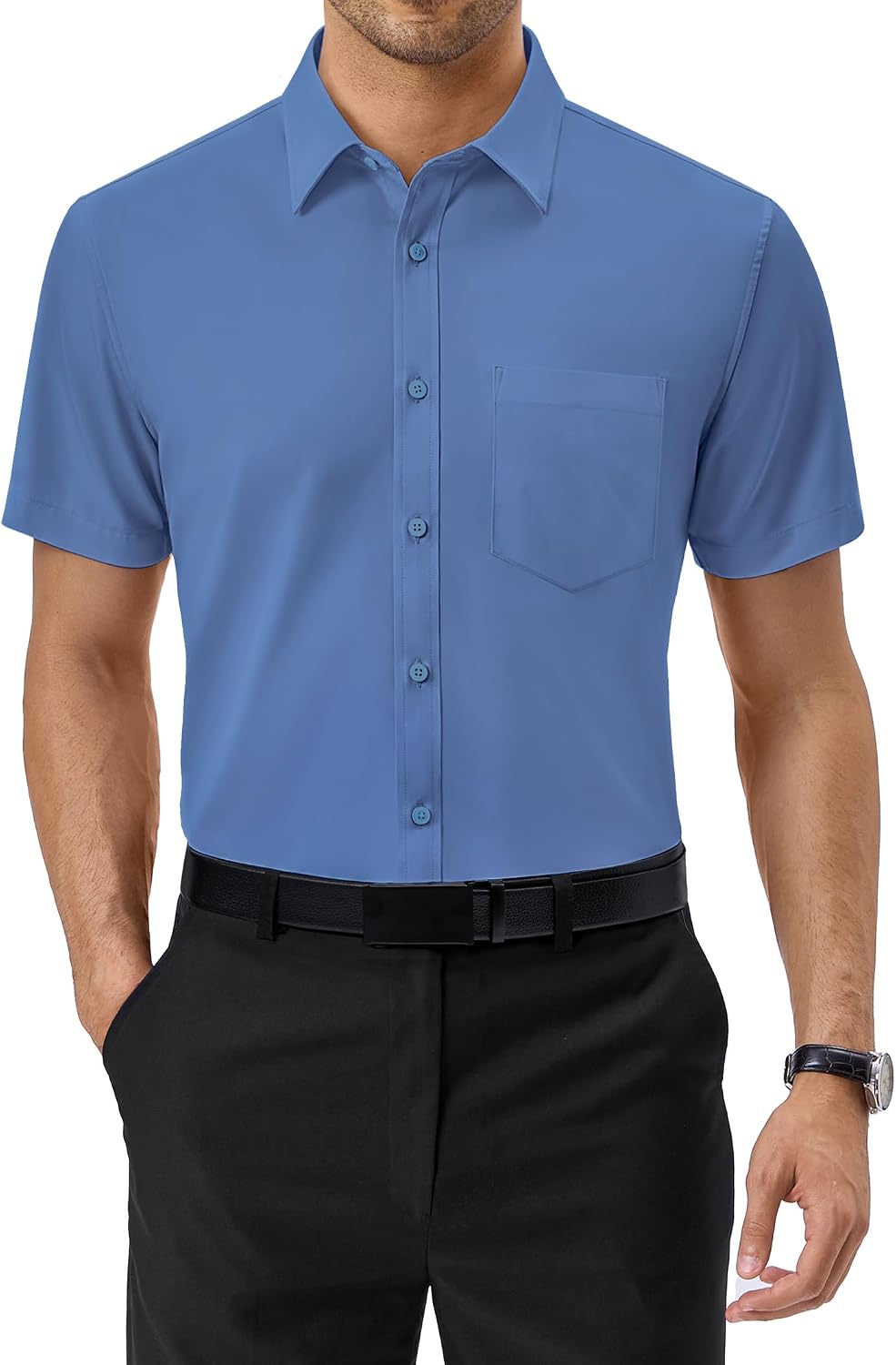 Alimens & Gentle Mens Dress Shirt Short Sleeve Pocket Button Down Shirt Dusty Blue