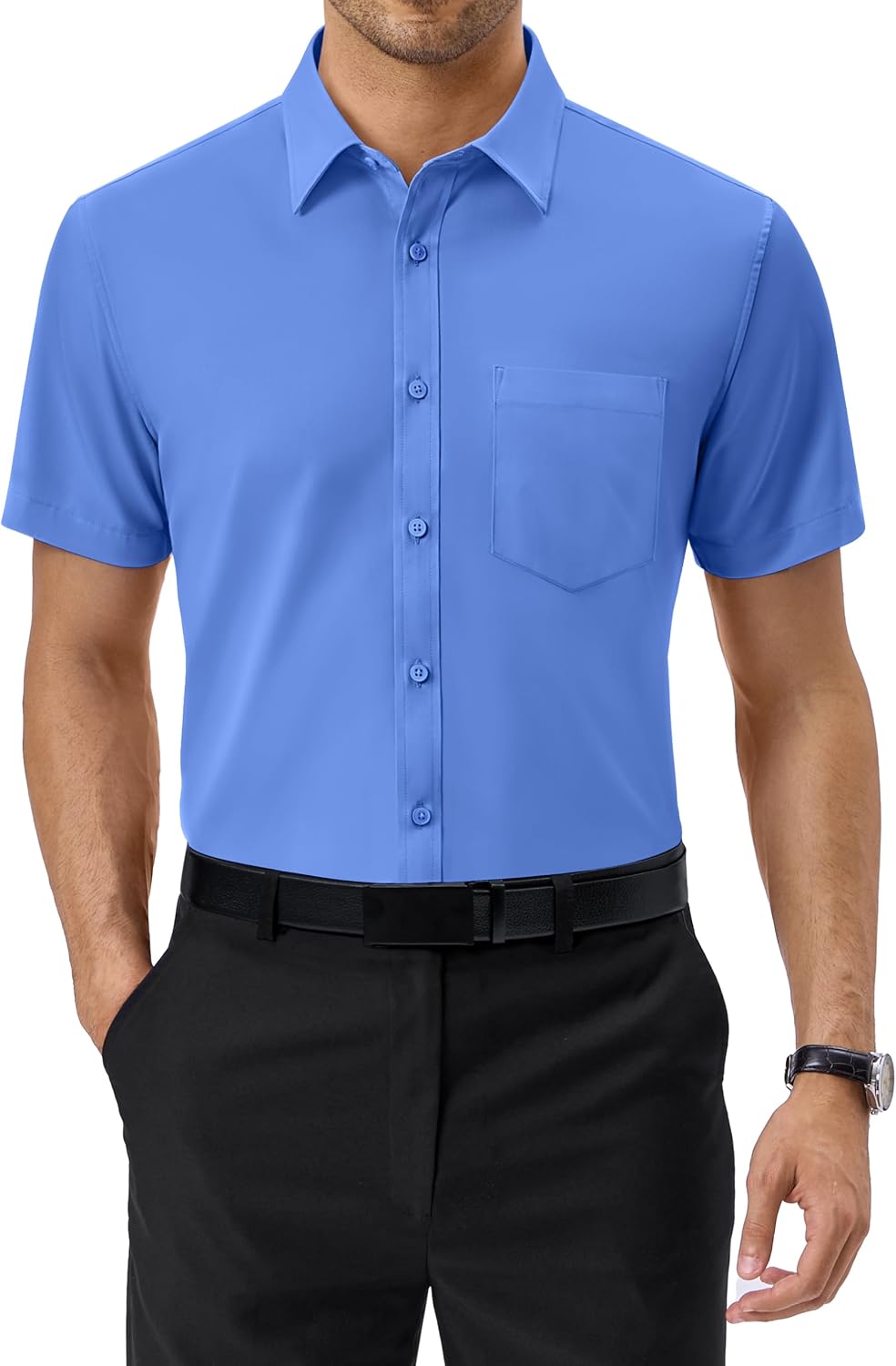 Alimens & Gentle Mens Dress Shirt Short Sleeve Pocket Button Down Shirt Deep Blue