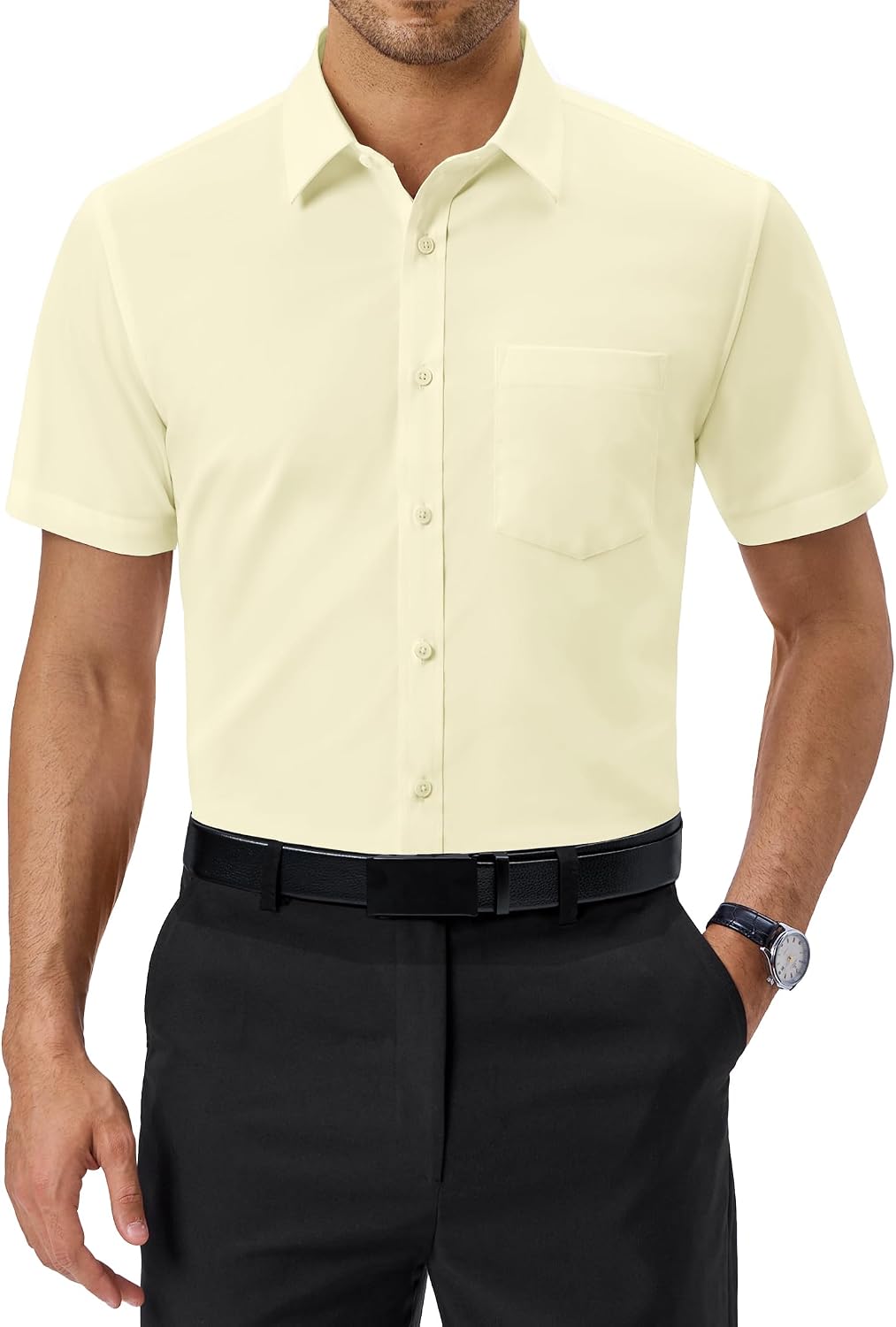 Alimens & Gentle Mens Dress Shirt Short Sleeve Pocket Button Down Shirt Yellow