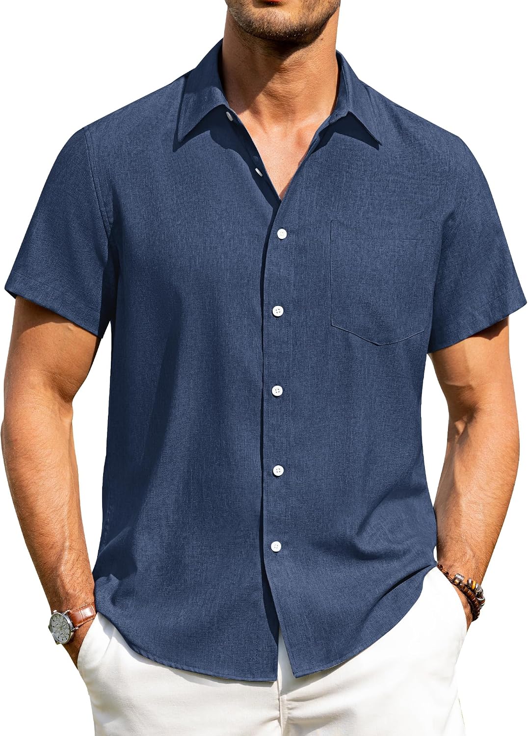 Alimens & Gentle Mens Linen Shirts Short Sleeve Button Down Shirts Wrinkle Free Casual Vacation Beach Summer Tops Navy Blue
