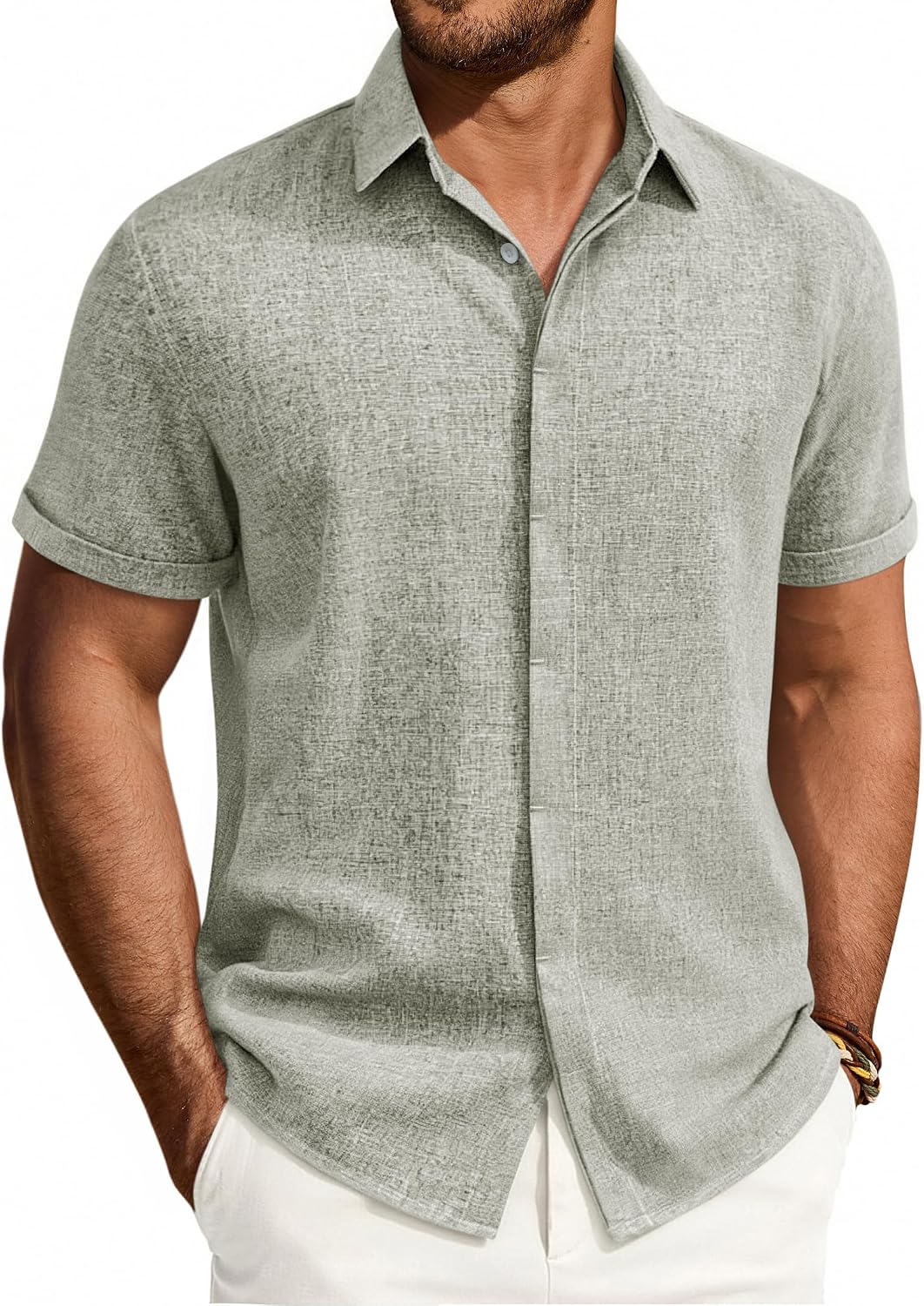 Mens Linen Shirt Short Sleeve Button Down Shirt Summer Casual Beach Tops Light Grey