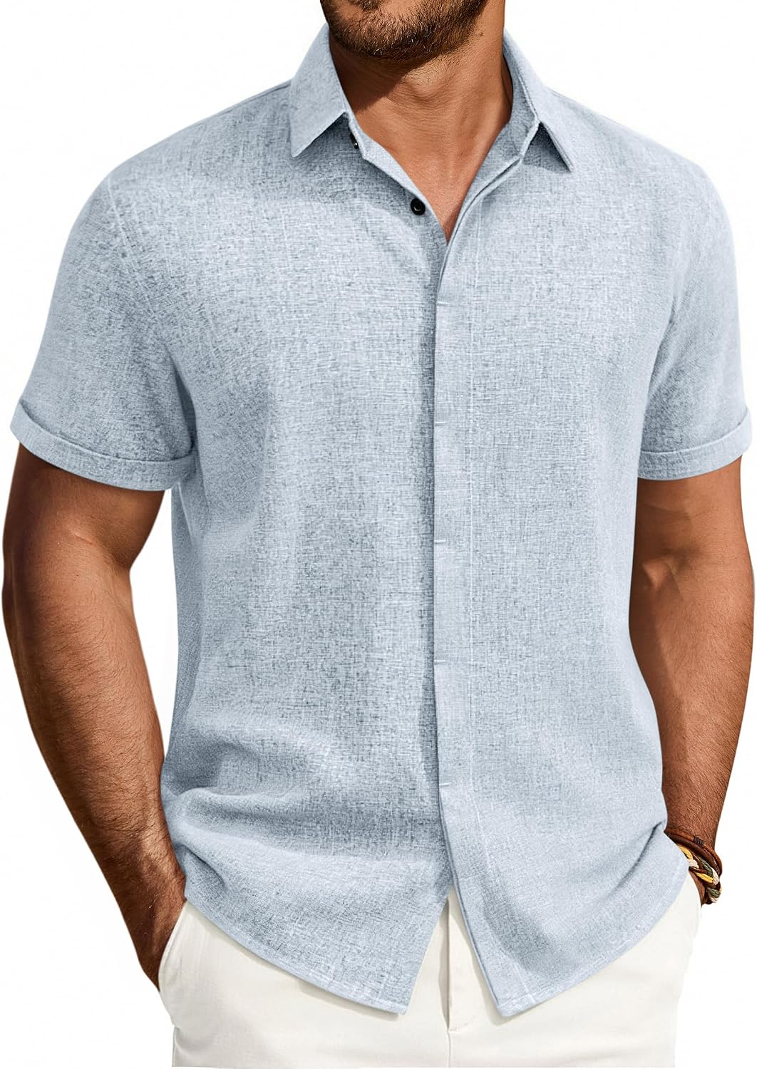 Mens Linen Shirt Short Sleeve Button Down Shirt Summer Casual Beach Tops Sky Blue