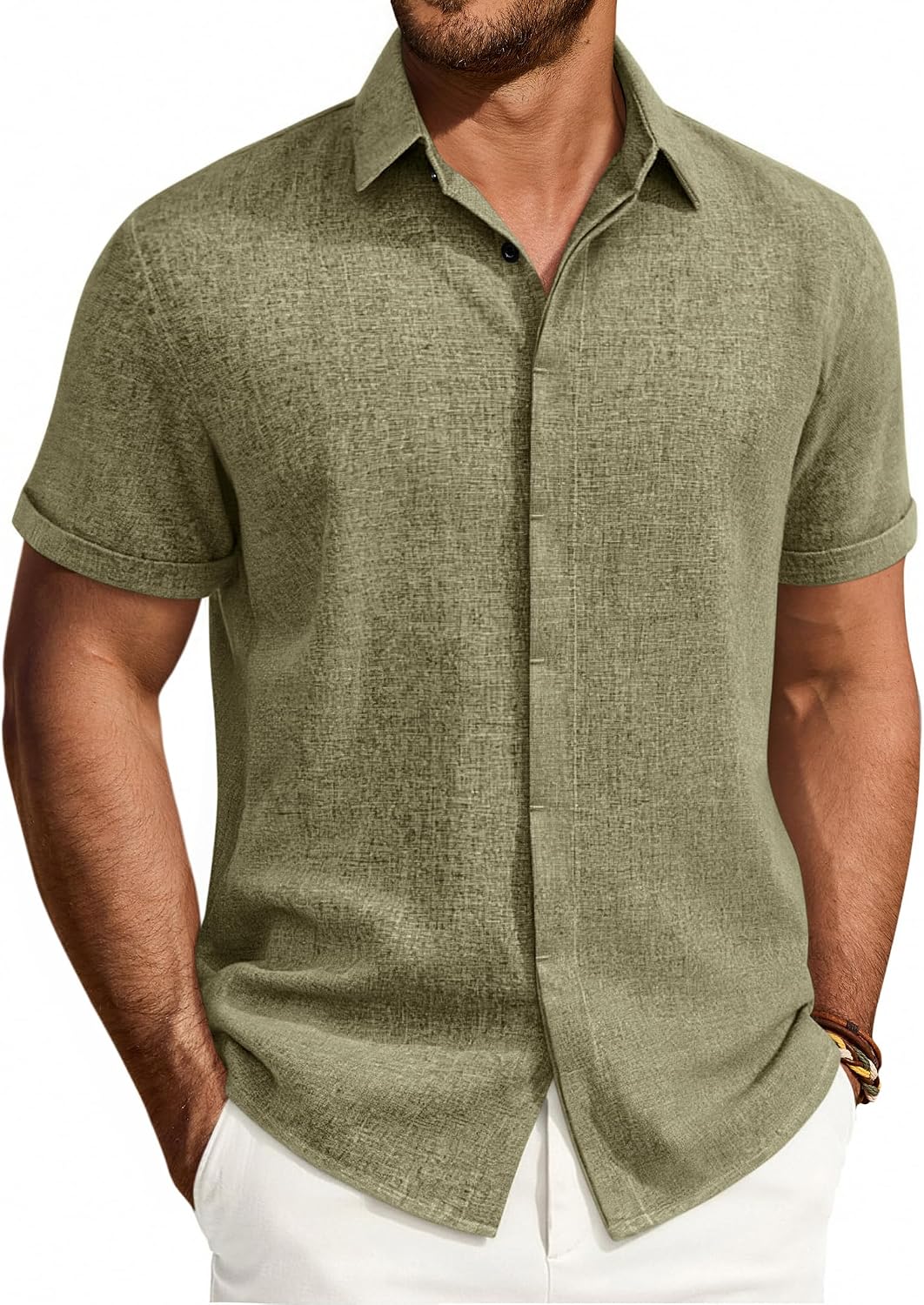 Mens Linen Shirt Short Sleeve Button Down Shirt Summer Casual Beach Tops Army Green